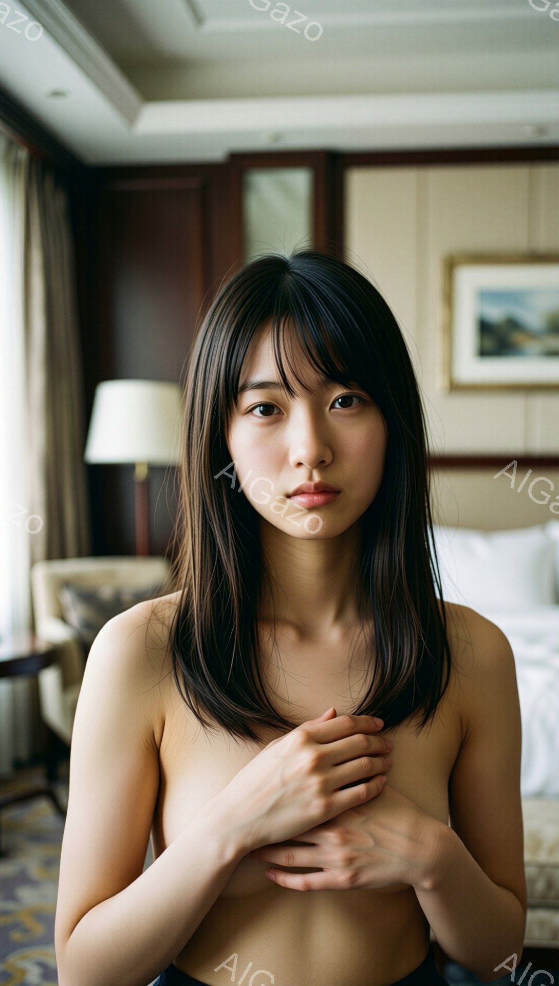 黒髪の女性が、胸の前で両手を合わせています。彼女は上半身裸で、顔には穏やかな表情が浮かんでいます。背景には、ベージュと白を基調とした内装の部屋、ベッド、椅子、そして絵画が見え、全体的に落ち着いた雰囲気です。