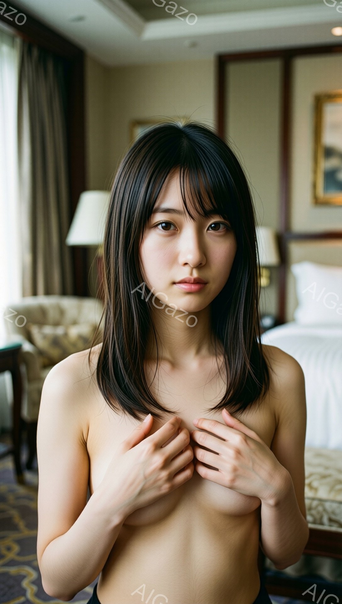 黒髪の女性が、ベージュを基調とした客室で、上半身に何も着ていません。彼女は両手を胸元に当て、控えめでわずかに微笑んだ表情をしています。背景には、ソファーとベッド、そして壁に掛けられた絵画が見え、全体的に落ち着いた雰囲気です。