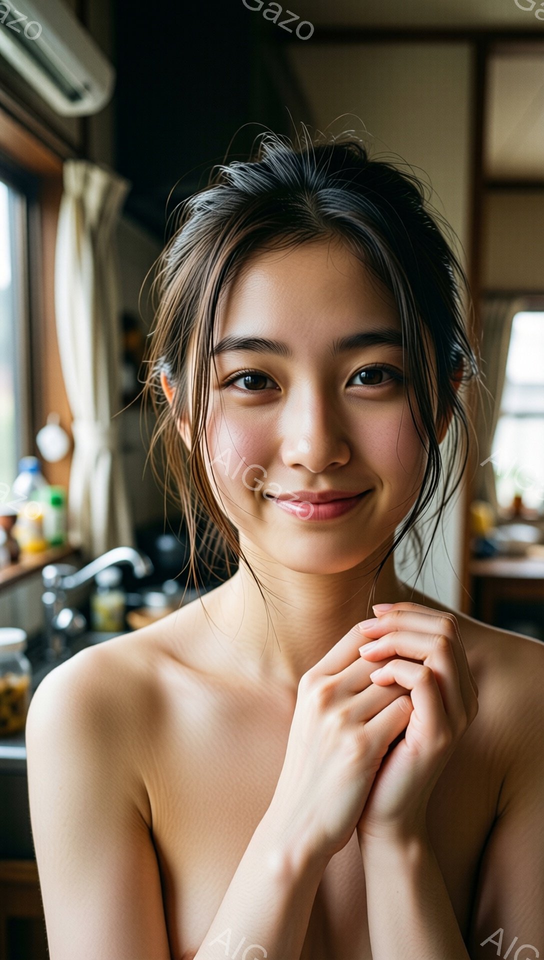 彼女は微笑みを浮かべ、両手を頬に当てています。髪は無造作にまとめられ、素肌が露出しています。背景にはキッチンらしき場所が見え、窓から自然光が差し込んでおり、温かく優しい雰囲気を醸し出しています。