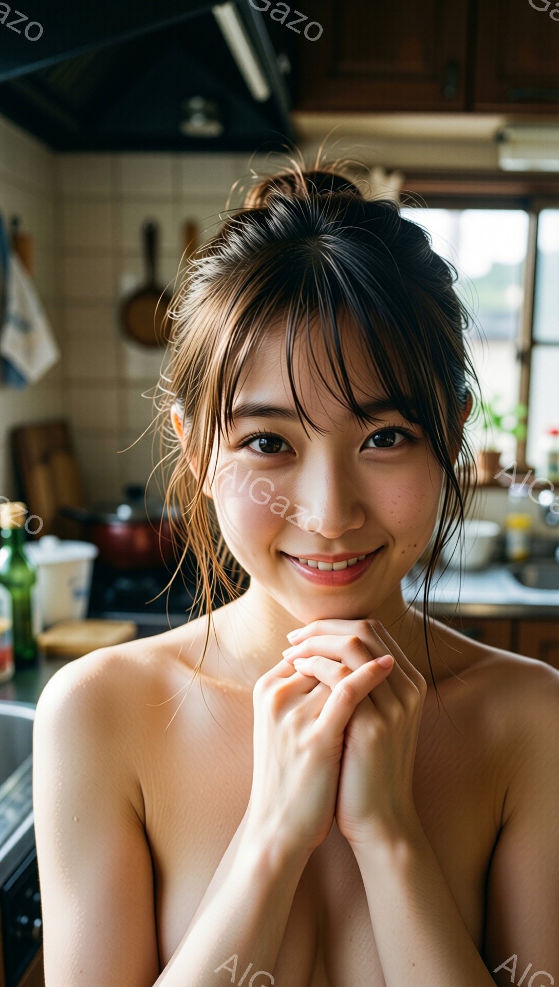 彼女は明るいキッチンで、胸元が露出した状態で微笑んでいます。髪は無造作にまとめられ、顔には小さなそばかすがあります。背景には調理器具や窓が見え、全体的に温かく親密な雰囲気です。