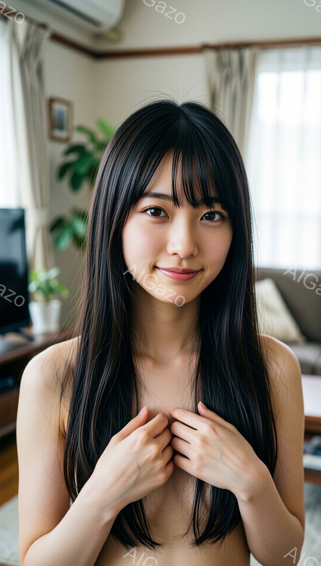 長い黒髪の女性が、上半身裸で正面を向いて立っている。彼女は微笑んでおり、両手を胸の前で組み、リラックスした雰囲気を見せている。背景には、窓から差し込む光と、植物や家具が見えるリビングルームがぼやけて写っている。