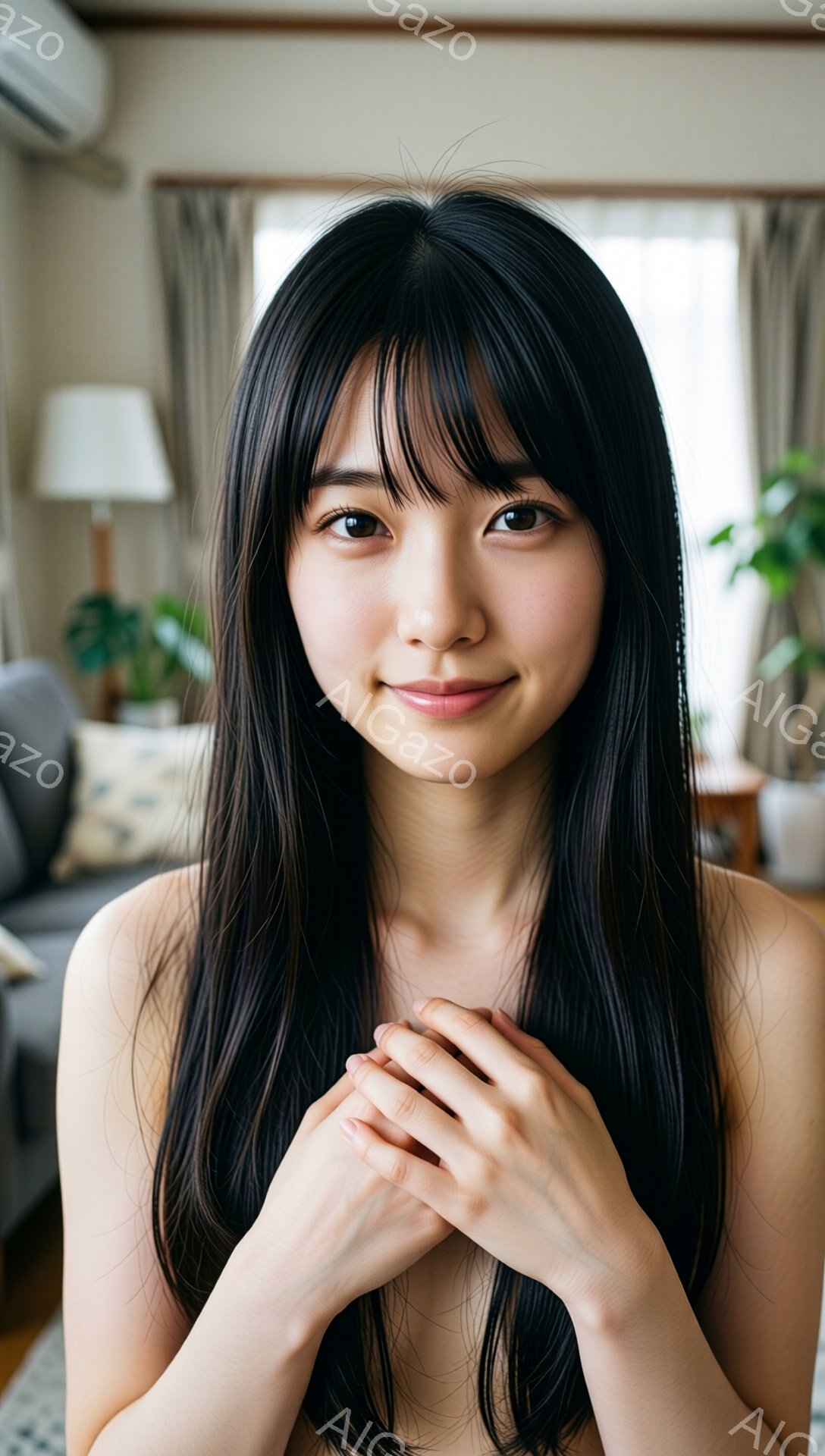 長い黒髪で、前髪は眉毛にかかるようにカットされている女性が写っています。彼女は微笑んでおり、両手を胸の前で組み合わせています。背景には、ソファーと植物が見え、リビングルームのような室内であることがわか - AI生成フリー素材