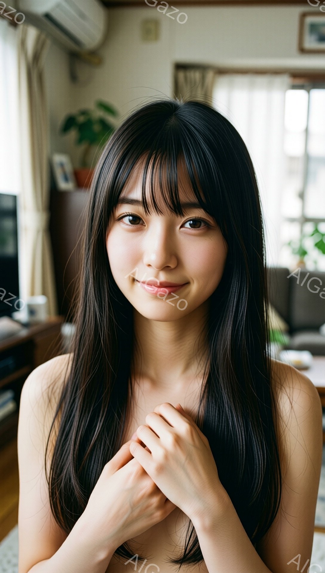 長い黒髪の女性が、白いセーターのようなものを着て、両手を胸の前で組み合わせて微笑んでいます。背景は室内で、木製の家具や植物が見え、自然光が差し込んでいます。全体的に、柔らかく、温かい雰囲気です。 - AI生成フリー素材