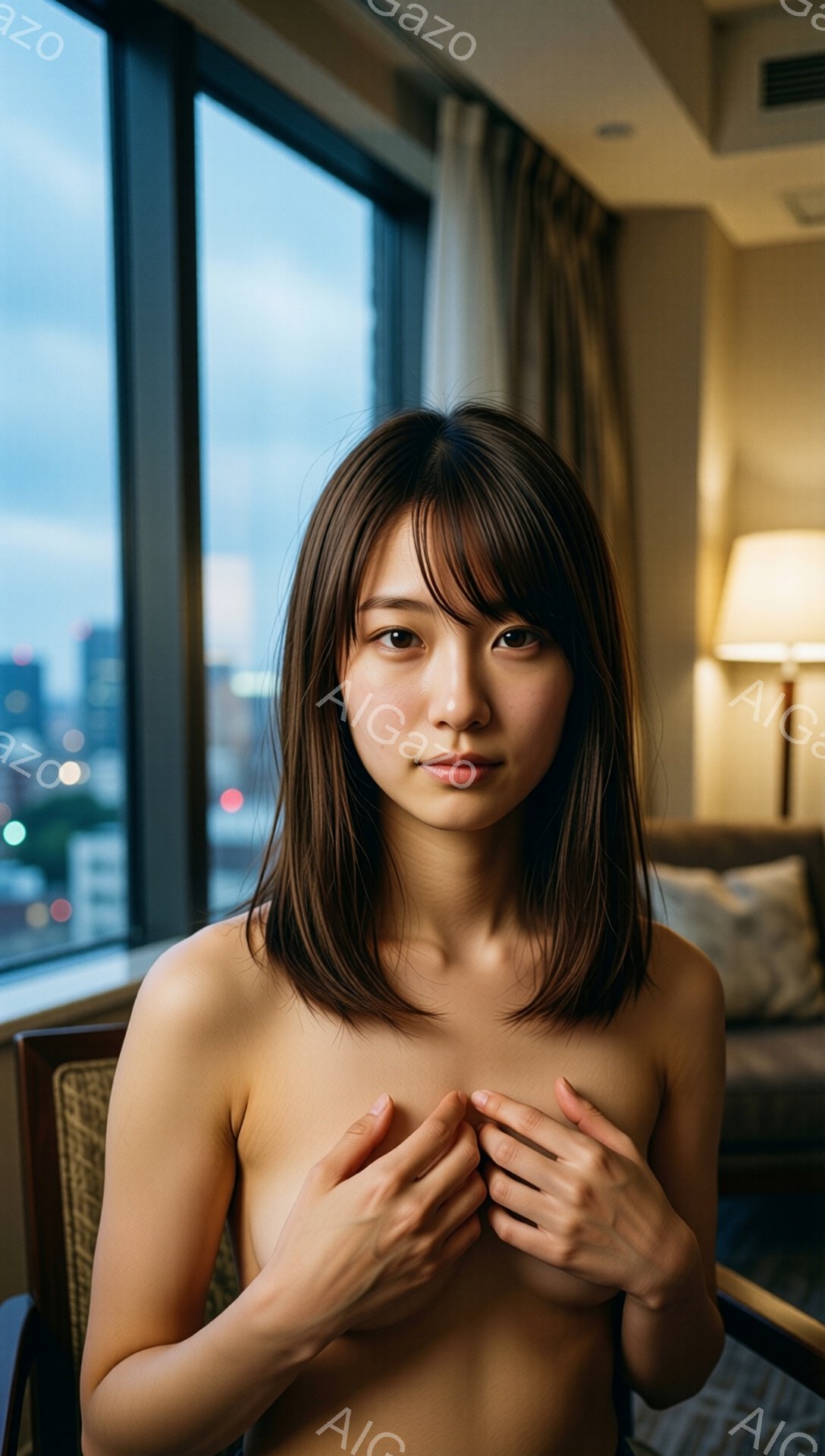 長い茶色の髪の女性が、胸の前で両手を組んでカメラを見つめています。彼女は上半身裸で、背景には窓の外にぼやけた都市の夜景が広がっています。室内は落ち着いた照明で、ソファーや間接照明などが見え、全体的に物憂げで内省的な雰囲気を醸し出しています。