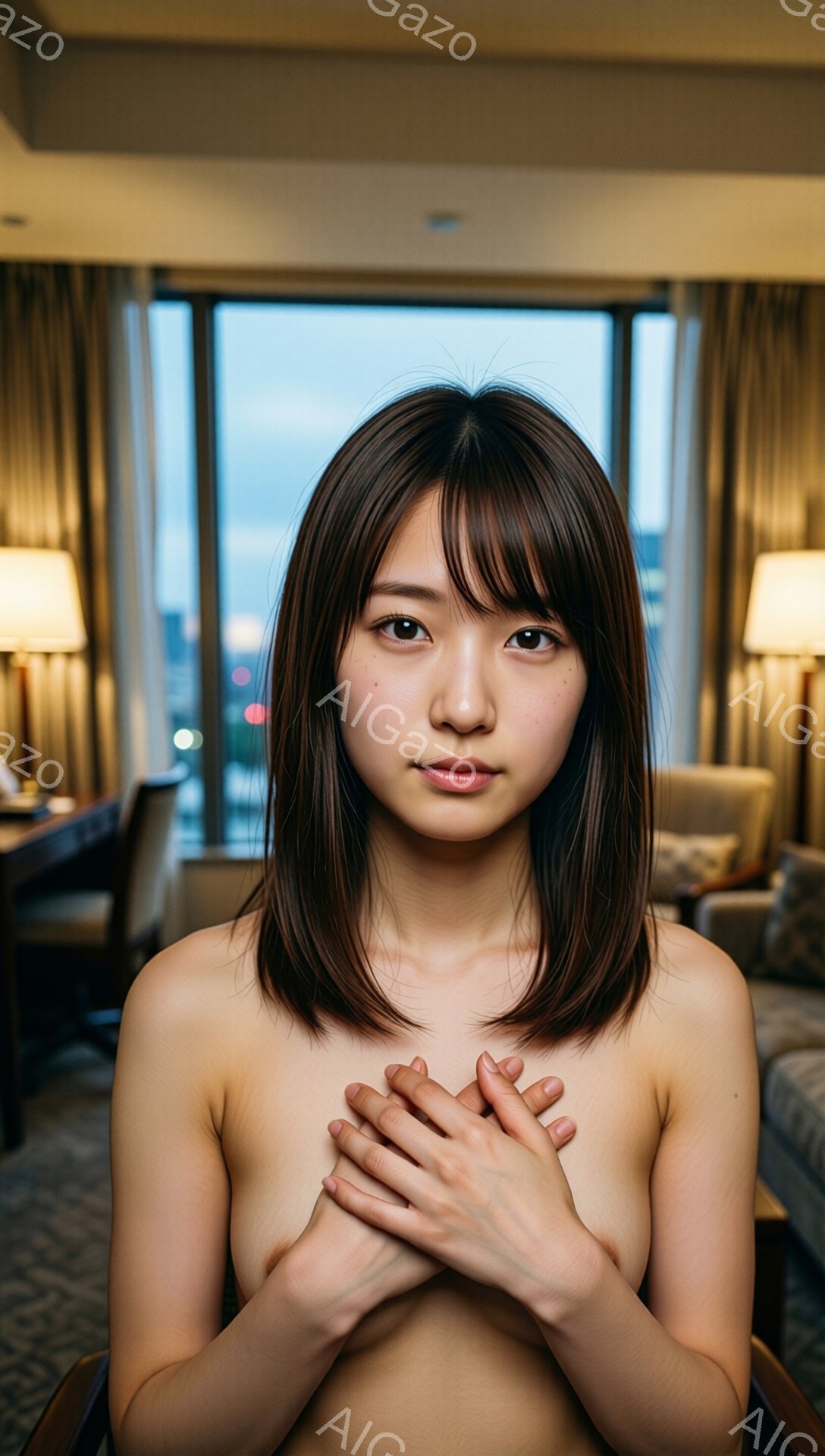 この女性は、肩を出し、胸の前で両手を組んでいます。ダークブラウンのストレートヘアで、前髪は眉毛にかかる長さです。背景には、夜景が見える大きな窓があり、モダンなホテルの部屋のような雰囲気です。