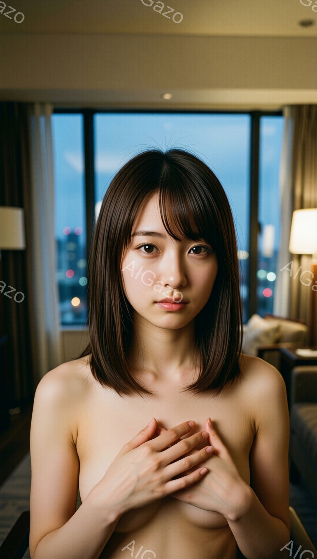 短い黒髪の女性が、胸の前で両手を組み、カメラを見つめています。背景には夜景が見える客室があり、暖色の照明が室内を照らしています。全体的に、少し物憂げで内省的な雰囲気が漂っています。