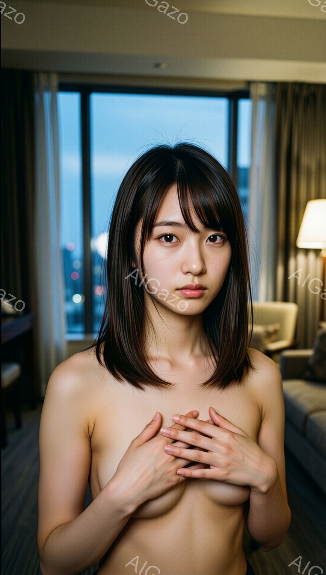 長い黒髪の女性が、胸の前で手を組み、カメラを見つめています。室内は、窓から夜景が見える高級感のあるリビングで、ソファーやランプがぼんやりと見えます。彼女は上半身裸で、表情は落ち着いており、どこか憂いを帯びています。