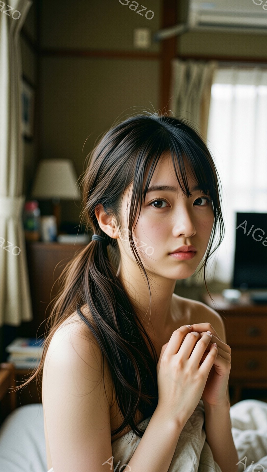 長い黒髪をハーフアップにした若い女性が、クリーム色のシーツにくるまって座っています。彼女は穏やかな表情で、両手を重ねて膝の上に乗せています。背景には木製の家具や間接照明が見え、室内が柔らかく暖かい雰囲気を作り出しています。