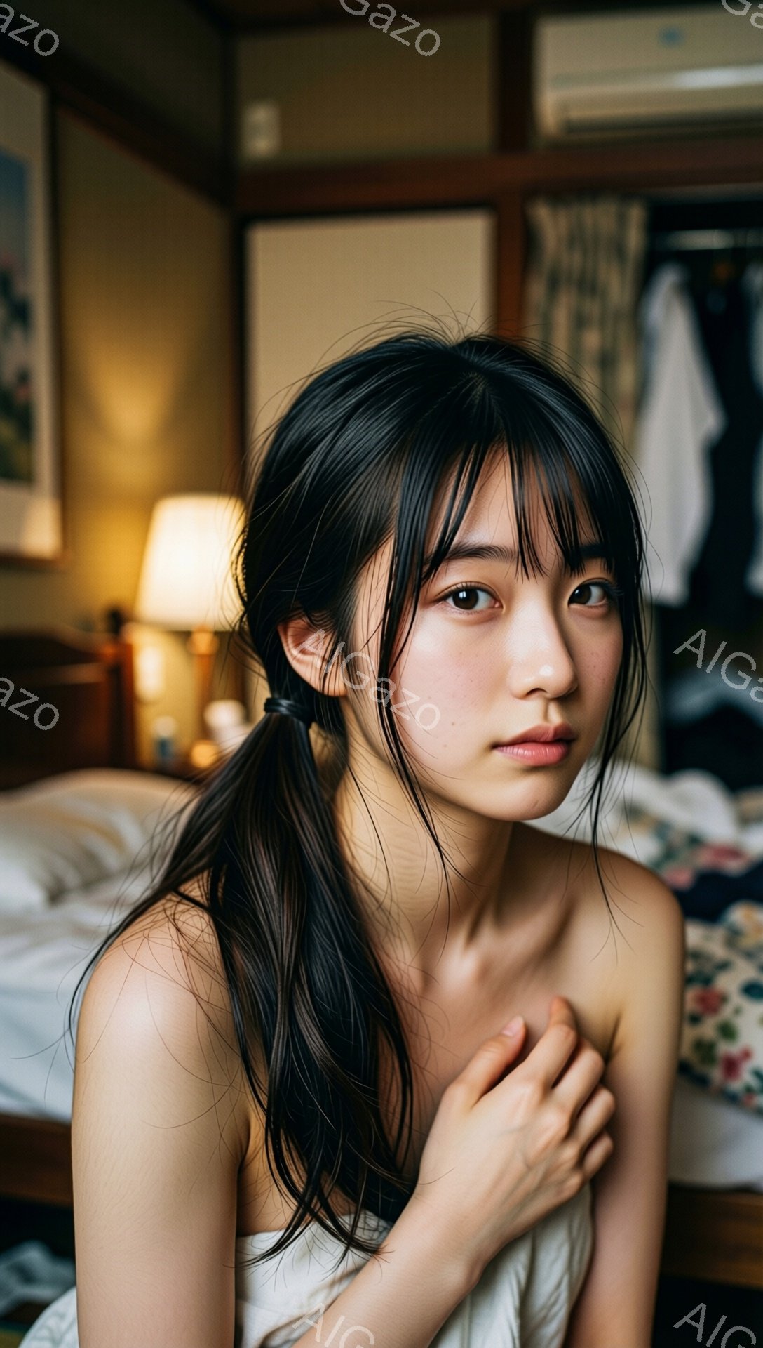 長い黒髪を無造作に後ろでまとめた若い女性が、ベッドに座ってこちらを見つめています。オフショルダーの白いトップスを着ており、少し憂いを帯びた表情を浮かべています。背景には木製の家具や掛け軸が見え、和室のような落ち着いた雰囲気が漂っています。