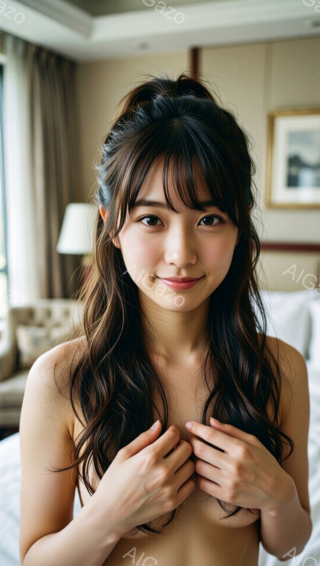 長い黒髪を無造作に垂らし、正面を見つめる女性が写っている。上半身は裸で、両手で胸元を覆う仕草をしている。背景にはクリーム色のベッドと、絵画が飾られた壁があり、ホテルのような明るく柔らかな雰囲気である。
