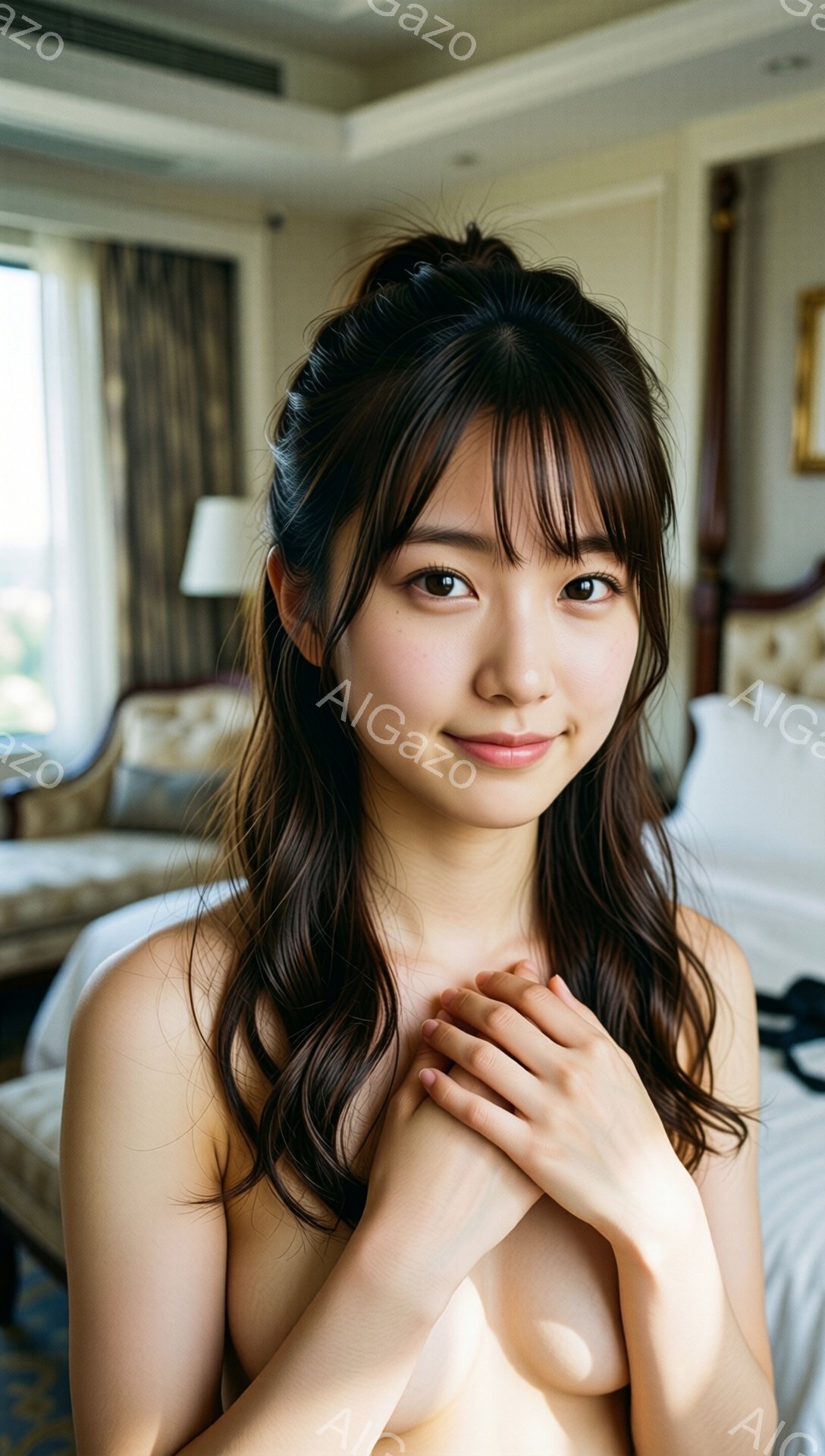 長い黒髪を肩にかける女性が、穏やかな笑顔でこちらを見つめています。白いベッドに腰掛け、両手を胸の前で軽く組み、リラックスした姿勢です。背景には、窓から差し込む自然光が柔らかく、高級感のあるホテルの部屋 - AI生成フリー素材