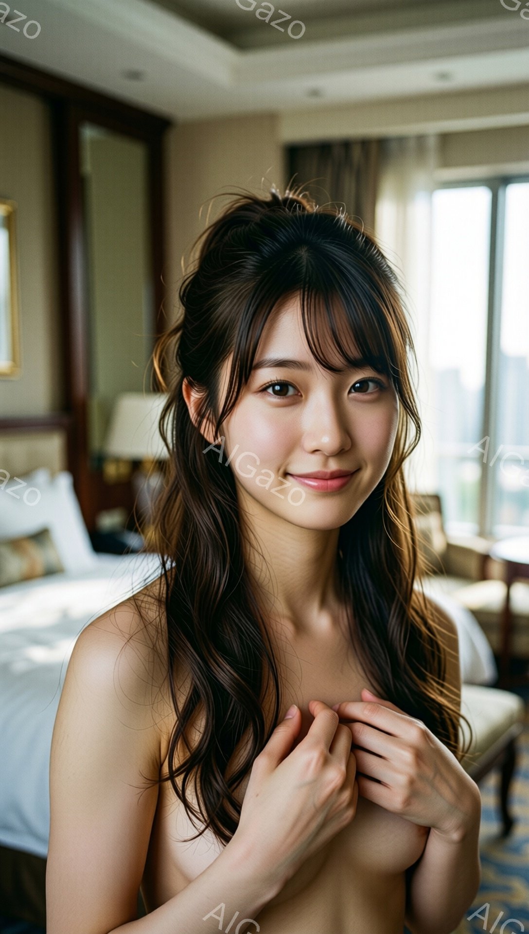 長い黒髪を無造作にウェーブさせた女性が、白い背景の部屋で微笑んでいます。上半身は裸で、両手を胸の前で軽く添えて、少し恥ずかしげな表情を浮かべています。背景にはベッドやソファが見え、窓からは都市の風景がぼんやりと見えます。