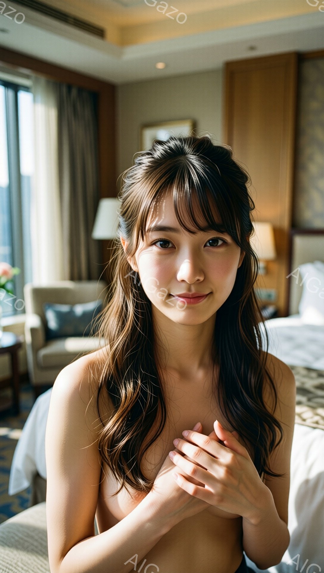 明るい部屋で、黒髪の女性が微笑んでいます。彼女は上半身を露出しており、両手を胸の前で重ねています。背景には、椅子とベッド、そして窓から見える都市の風景が見えます。