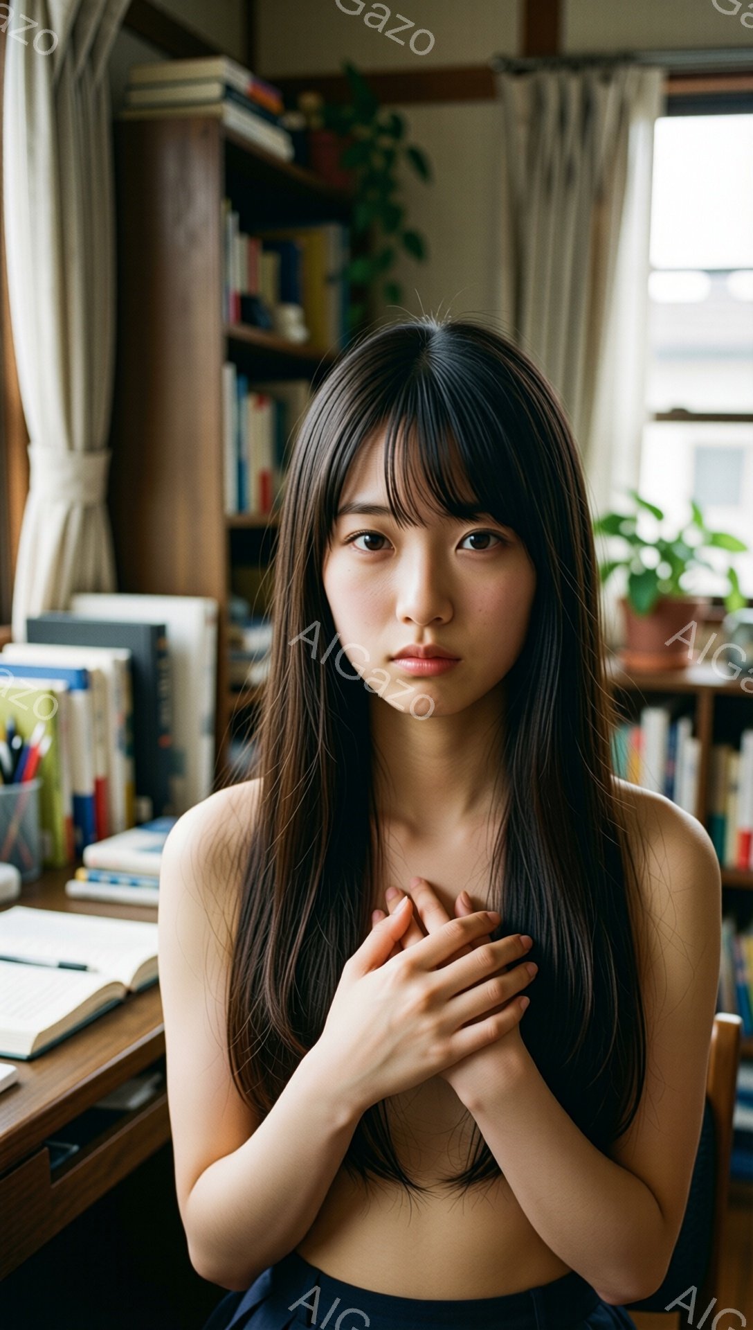 長い黒髪の女性が、胸の前で両手を組んで座っています。彼女は上半身を露出しており、下半身は濃い色のスカートを着用しています。背景には本棚が並び、窓からは自然光が差し込み、静かで内省的な雰囲気を醸し出しています。