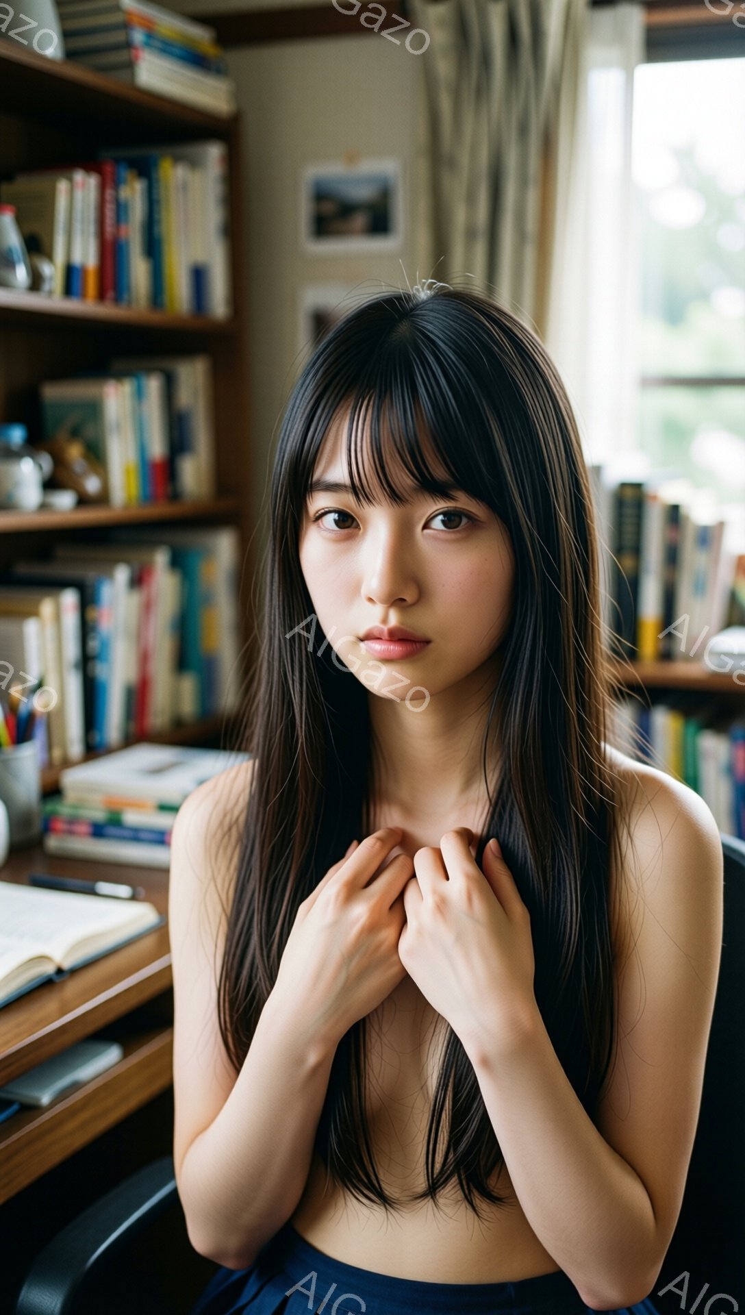 長い黒髪で、前髪が目の上にかかるように切られた若い女性が写っている。彼女は上半身に何も着ておらず、青いスカートを履いている。彼女は両手で首を抱え、少し寂しげな表情をしている。