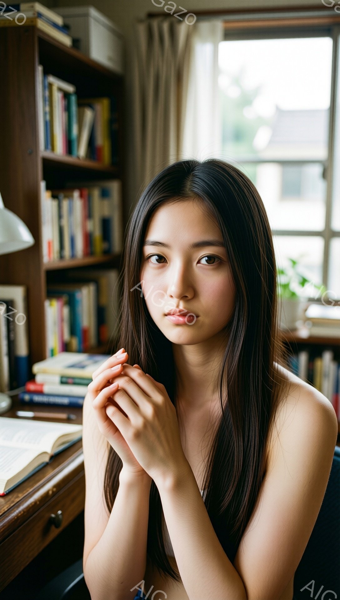 長い黒髪を肩から下で伸ばした若い女性が、木製の机の前で両手を組んで座っています。彼女は薄い色のトップスを着ており、落ち着いた表情でこちらを見ています。背景には本棚があり、窓からは光が差し込み、穏やかで - AI生成フリー素材