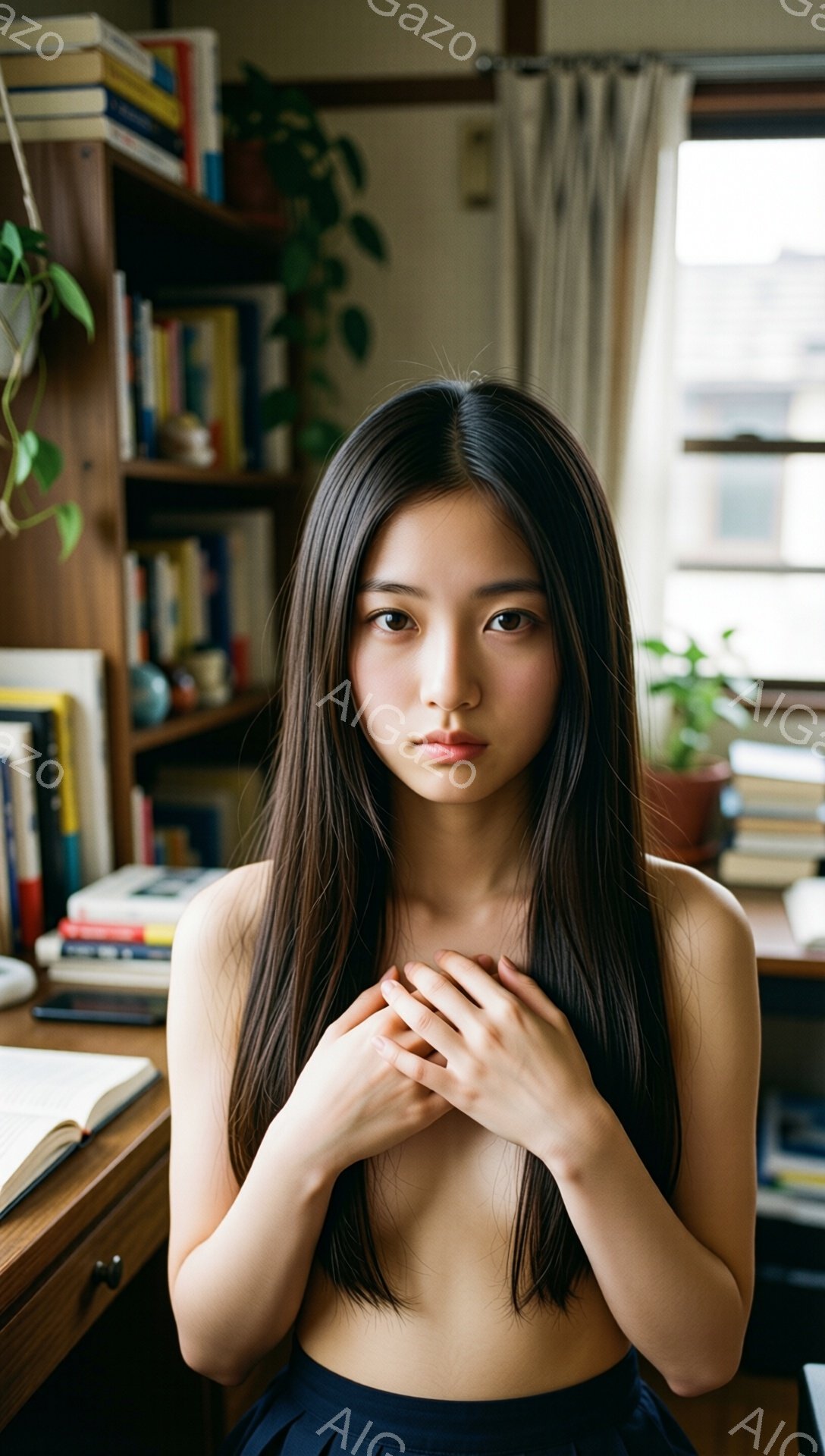 長い黒髪をセンターパートにした若い女性が、上半身を裸にした状態で、両手を胸の前で組み合わせています。背景には、本棚と窓があり、植物が置かれた室内で、落ち着いた雰囲気が漂っています。彼女はまっすぐカメラ - AI生成フリー素材