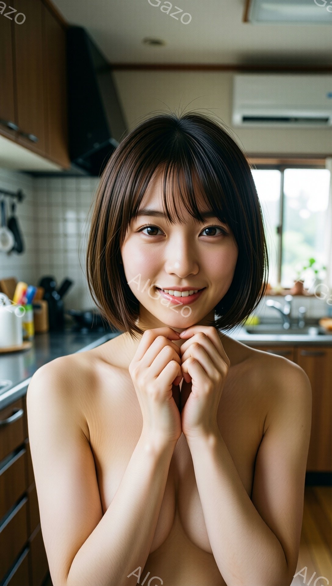 短い黒髪の女性が、キッチンで両手を頬に当てて微笑んでいます。上半身は裸で、背景には木製のキャビネットと窓から差し込む光が見えます。全体的に、温かく親しみやすい雰囲気です。