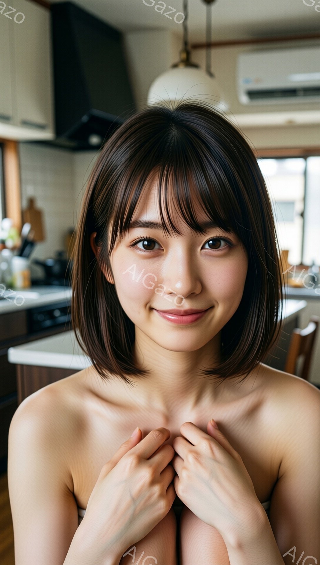 ショートヘアの女性が、キッチンを背景に微笑んでいます。彼女は肩出しの服装で、両手を胸の前で組んでいます。背景にはキッチン設備が見え、暖色系の照明が温かい雰囲気を醸し出しています。