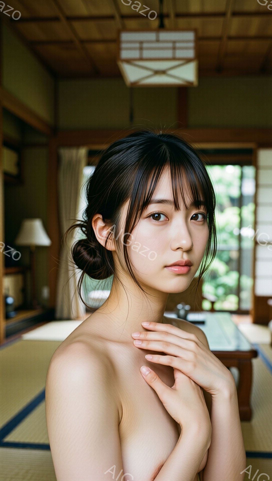画像は、黒髪を後ろでまとめた若い女性が、上半身を少し露出してポーズをとっている姿を捉えています。彼女は穏やかな表情でカメラを見つめ、片手を組み、もう片手で首を優しく包んでいます。背景には畳敷きの部屋と、緑豊かな庭園が見え、日本の伝統的な雰囲気が漂っています。