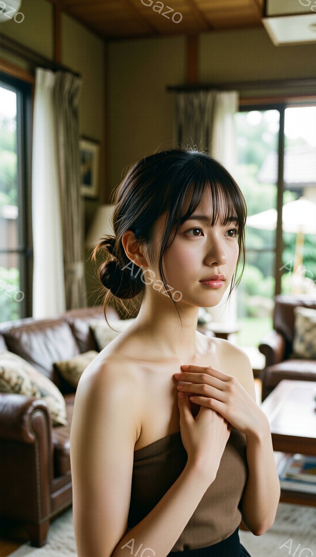 モデルは、肩を露出した茶色のトップスと黒いボトムスを着て、少し内向きに視線を向け、両手を重ねて胸の前で抱えています。彼女の髪は後ろでまとめられ、前髪は自然に垂れ下がっています。背景には、革張りのソファと木製のテーブルのある明るいリビングルーム、そして窓から見える緑豊かな自然が見えます。