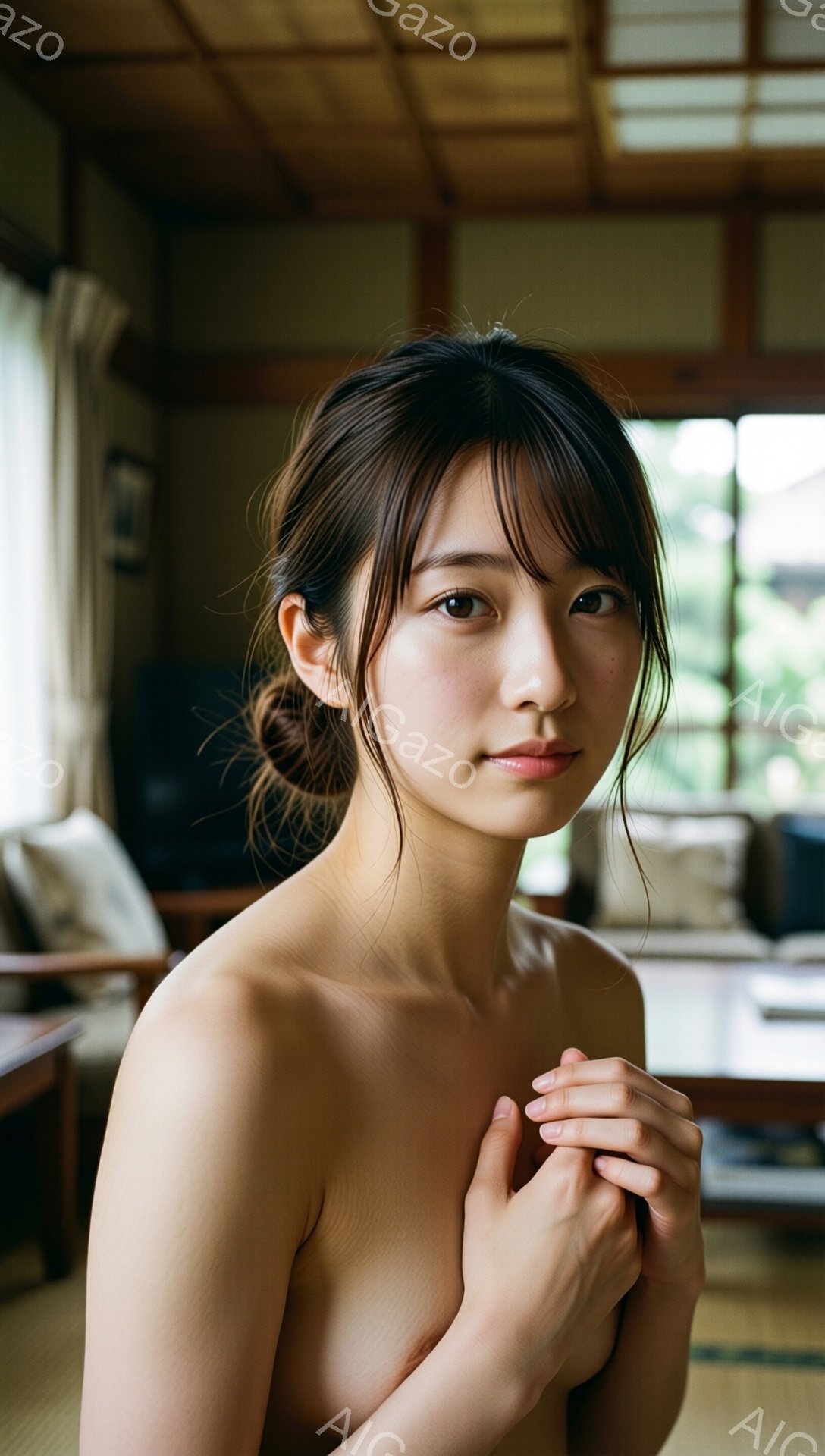 画像は、暗い髪を後ろでゆるくまとめた若い女性を捉えています。彼女は上半身裸で、両腕を胸の前で抱きしめるようにして立っており、穏やかで物憂げな表情をしています。背景は畳敷きの部屋で、ぼやけた和室の家具と窓から差し込む自然光が見え、落ち着いた静寂な雰囲気を醸し出しています。
