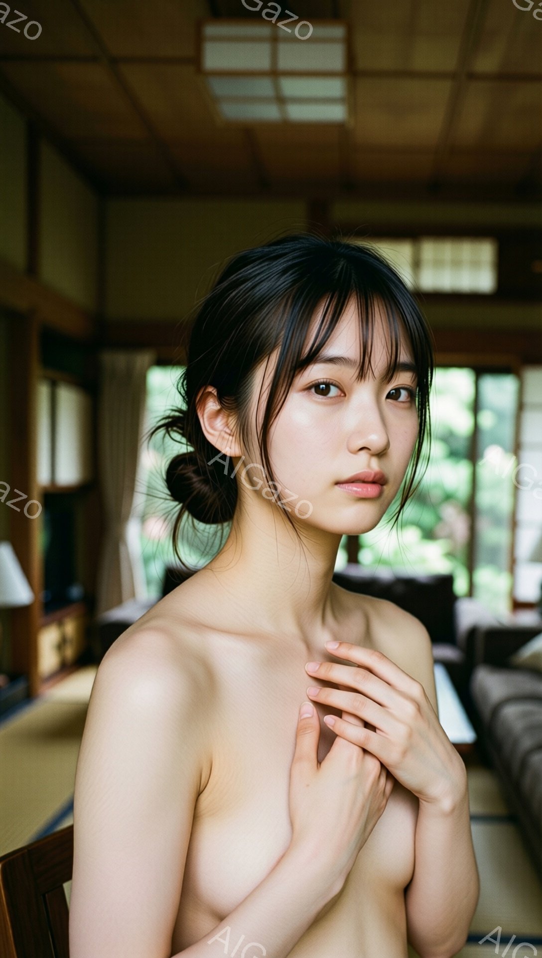 黒髪を後ろでまとめた若い女性が、上半身裸で正面を見つめている。彼女は両手を胸の前で組み、穏やかで少し憂いを帯びた表情をしている。背景には畳敷きの和室と庭が見え、窓から差し込む光が柔らかい雰囲気を醸し出している。