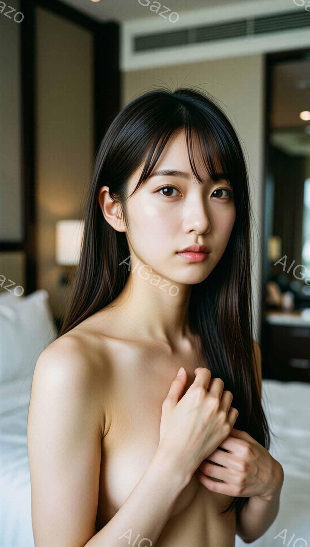 長い黒髪をセンターパートにした若い女性が、上半身を覆うように腕を組んでいます。彼女は穏やかな表情でカメラを見つめており、肌は滑らかで健康的です。背景には白を基調としたベッドルームがぼやけ、暖かく落ち着いた雰囲気が漂っています。