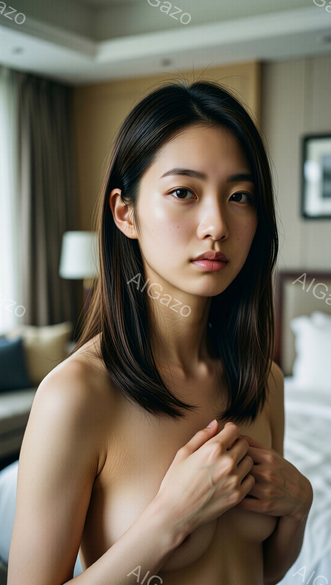 浅黒い髪を肩の長さで切り揃えた若い女性が、上半身をむき出しにしてこちらを見つめている。彼女は両手を胸の前で組み、少し憂いを帯びた表情を浮かべている。背景にはベージュを基調とした部屋の一部が見え、ベッドや間接照明などがぼんやりと捉えられている。