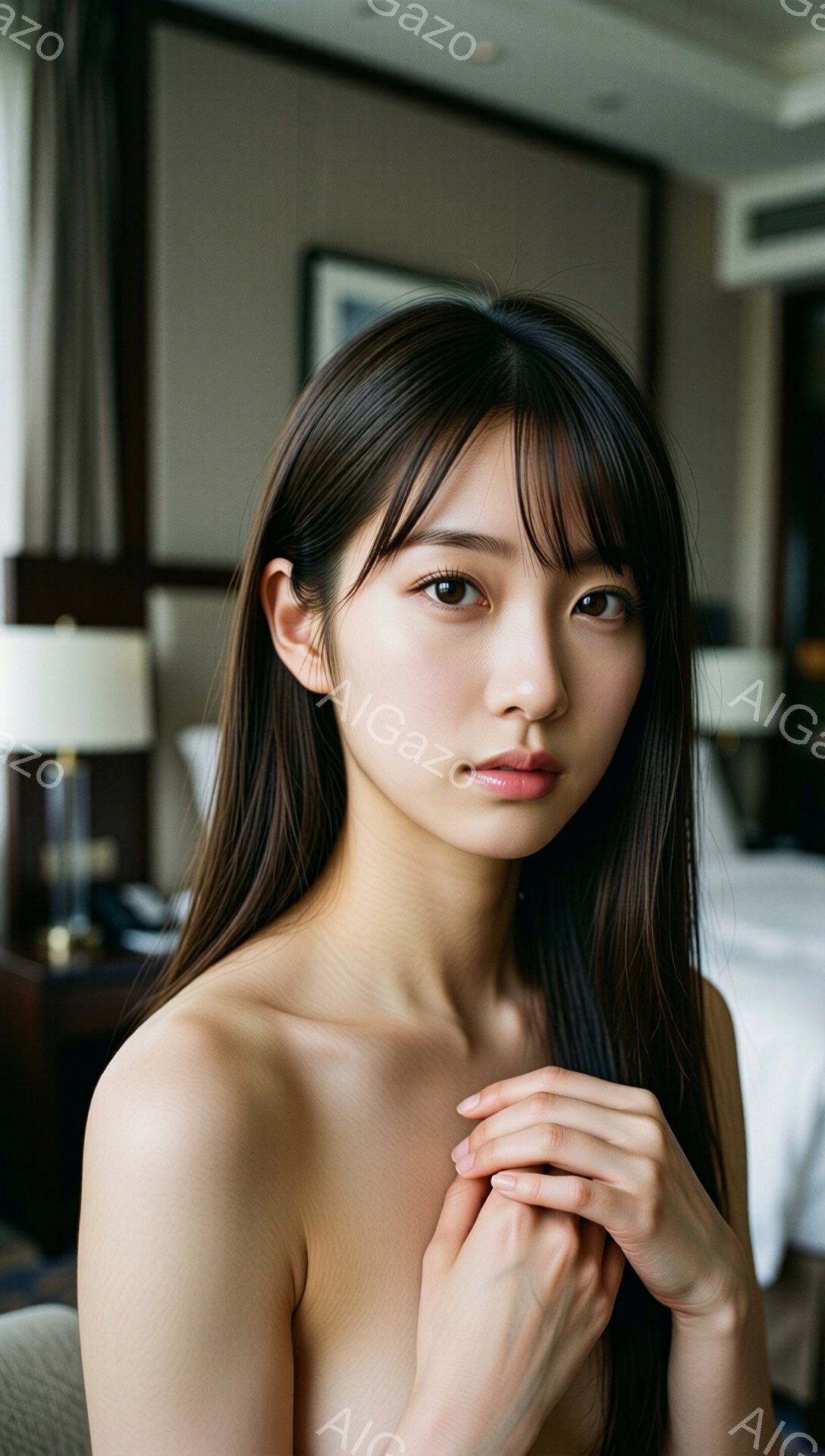 長い黒髪をセンターパートにした女性が、上半身を裸にした状態で正面を向いています。彼女は両手を胸の前で組み、控えめで優しい表情をしています。背景にはベージュと茶色の落ち着いた色調の室内、ベッドと装飾品が見え、全体的に上品で静かな雰囲気が漂っています。