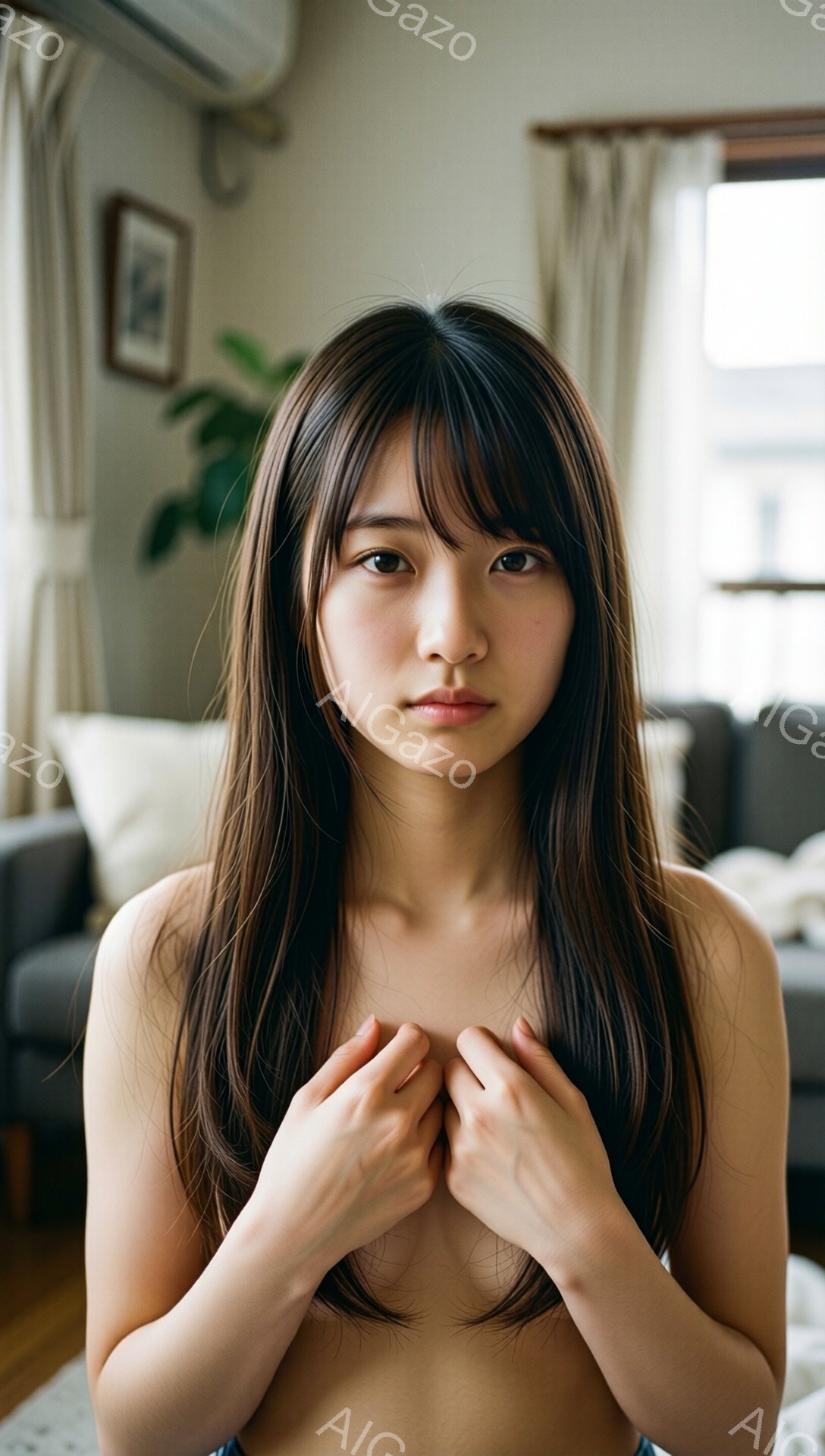 長い黒髪の女性が、上半身を裸にして、両手で胸元を覆っている。彼女は穏やかな表情でカメラを見つめており、背景にはグレーのソファと窓からの自然光が見える、室内で撮影されたポートレート写真である。全体的に落ち着いた、内省的な雰囲気が漂っている。