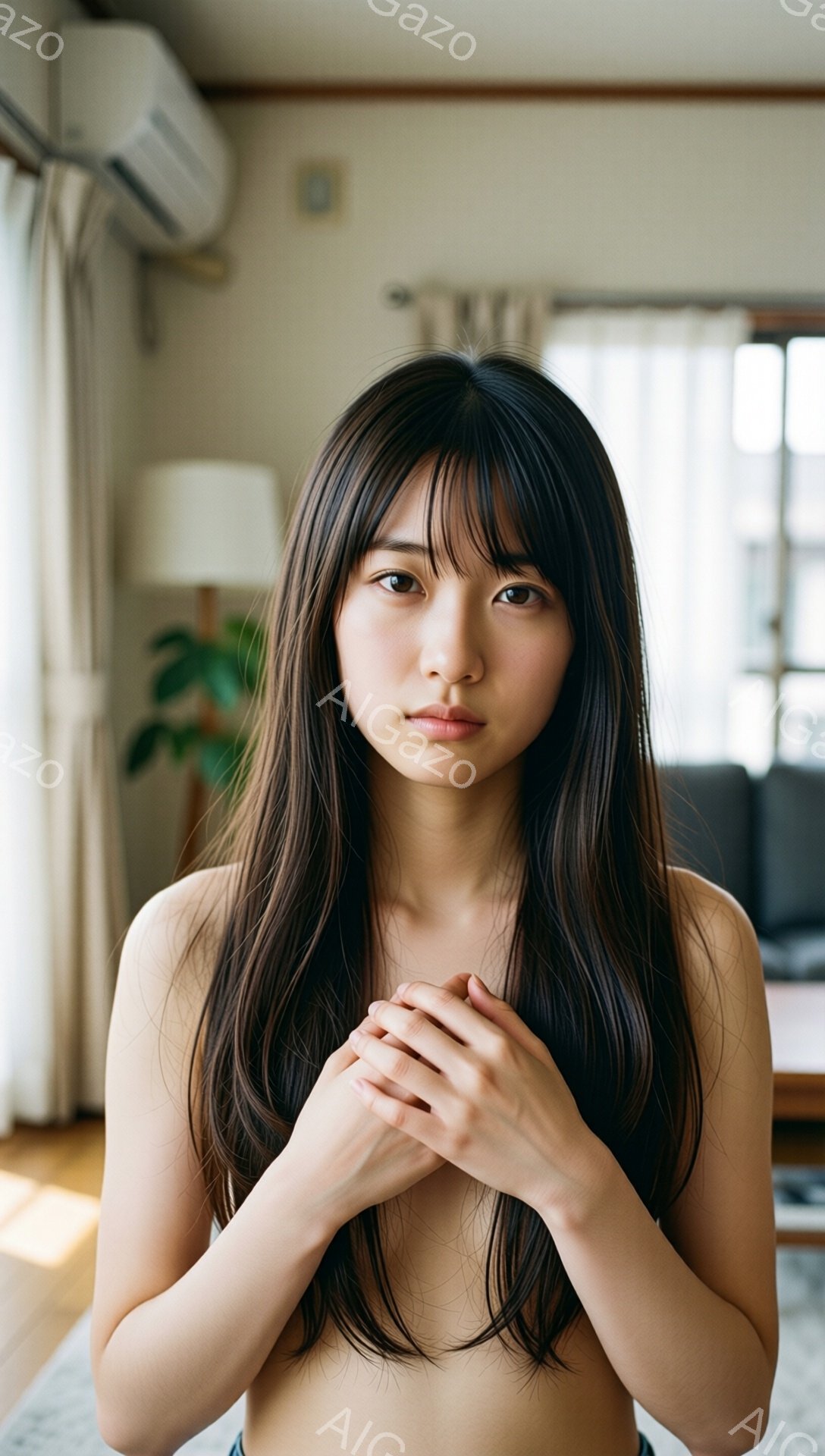 長い黒髪の女性が、胸の前で両手を組み、少し物憂げな表情でこちらを見ている。背景には窓から差し込む光と、ぼんやりと見えるリビングルームの様子が見える。全体的に柔らかく、内省的な雰囲気が漂っている。