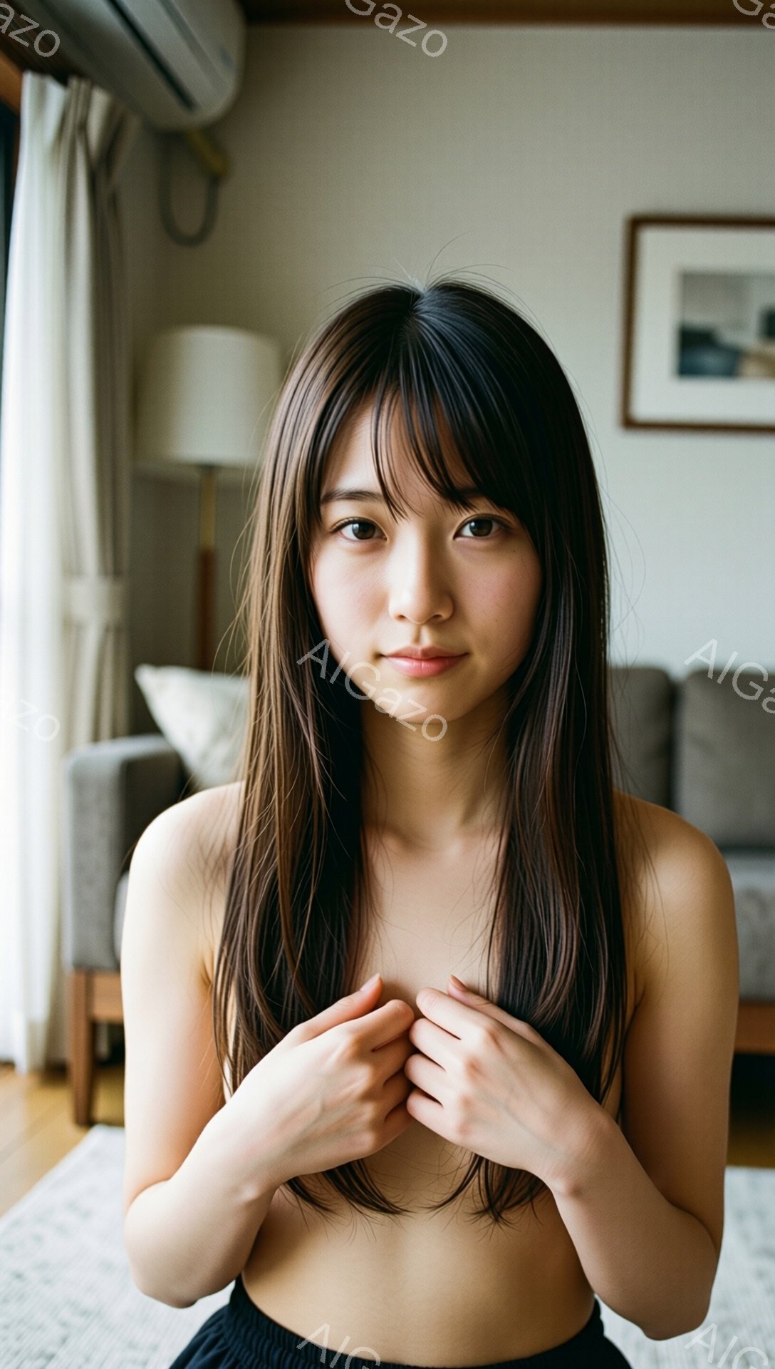 長い黒髪の女性が、上半身裸で、腰には黒いスカートを履いています。彼女は両手を胸の前で組み、少し微笑みながらカメラを見つめており、落ち着いた雰囲気です。背景には、ソファ、クッション、エアコン、そして額入りの絵が映っており、室内である事がわかります。