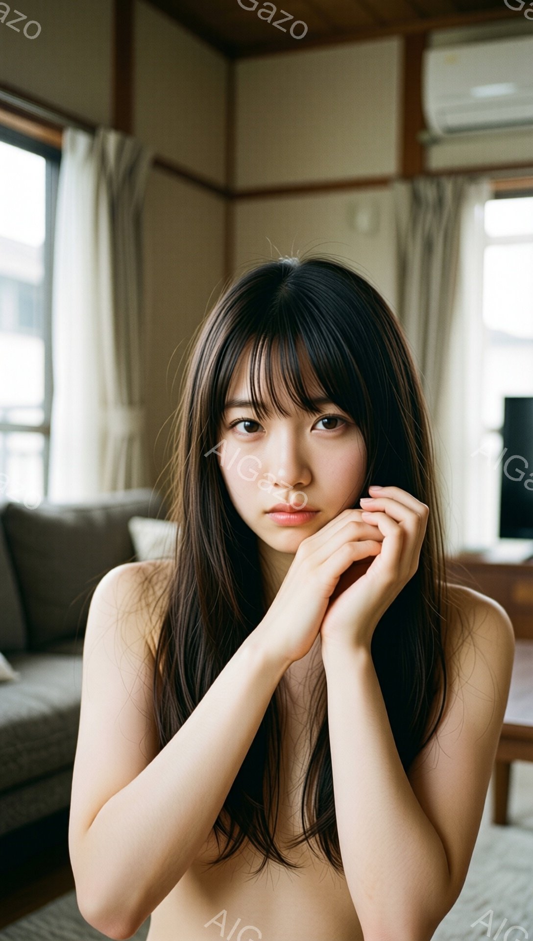 長い黒髪の女性が、白いカーテンと木のフレームが背景にぼやけて見える室内で、顔の前に手を添えてポーズをとっています。彼女は上半身裸で、落ち着いた表情をしており、少し憂いを帯びた視線をしています。室内は明 - AI生成フリー素材