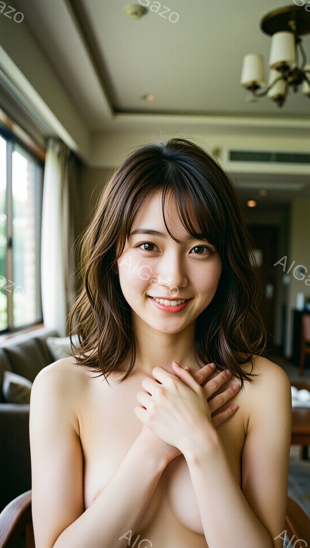 明るい室内で、茶髪の女性が正面を見つめて微笑んでいます。彼女は上半身裸で、両手を胸の前で組み、柔らかい表情を浮かべています。背景にはソファやテーブルが見え、自然光が差し込む落ち着いた雰囲気です。 - AI生成フリー素材