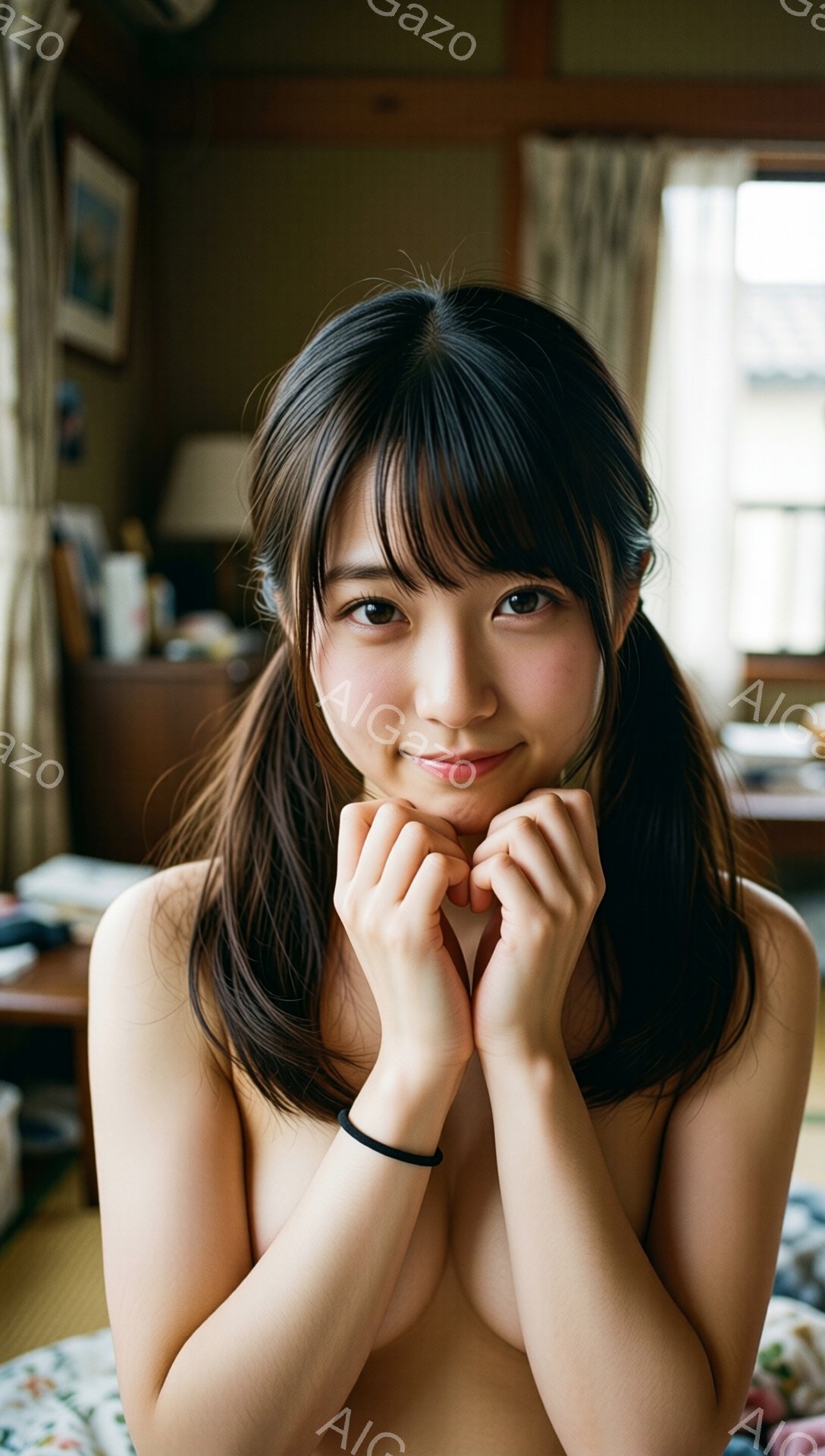 長い黒髪を肩で左右に分けており、顔周りにはお団子のような髪型になっている女性が写っています。彼女は畳の上に座り、両手を頬に当てて微笑んでおり、表情は柔らかく可愛らしいです。背景には木製の家具や障子が見え、落ち着いた和室の雰囲気が感じられます。