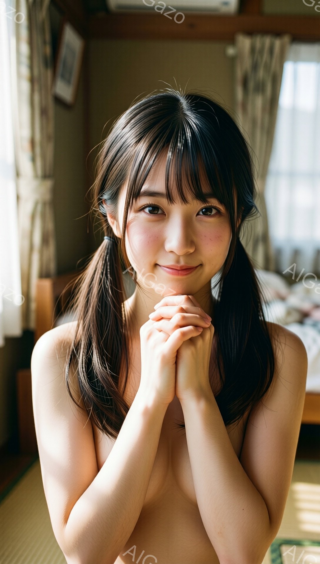 長い黒髪を両側で一つに結んだ女性が、両手を合わせて祈るように構えています。肌は滑らかで、上半身裸になっています。背景には畳の部屋と窓から差し込む光があり、柔らかく穏やかな雰囲気を醸し出しています。