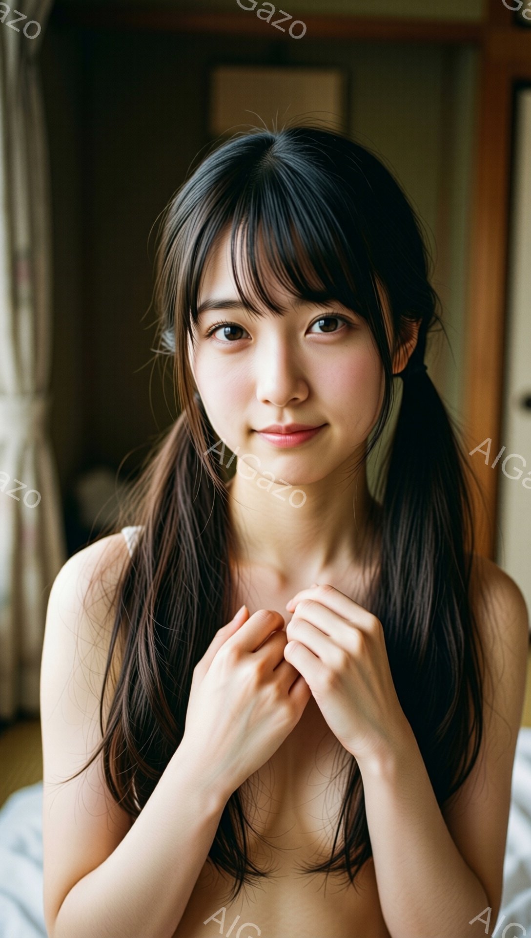 黒髪の女性が、胸の前で両手を組んで微笑んでいます。髪は肩の高さで左右に分けてハーフアップにしており、明るい肌と少し赤みがかった唇が印象的です。背景はぼやけていますが、木製の壁や畳が見え、室内であることがわかります。