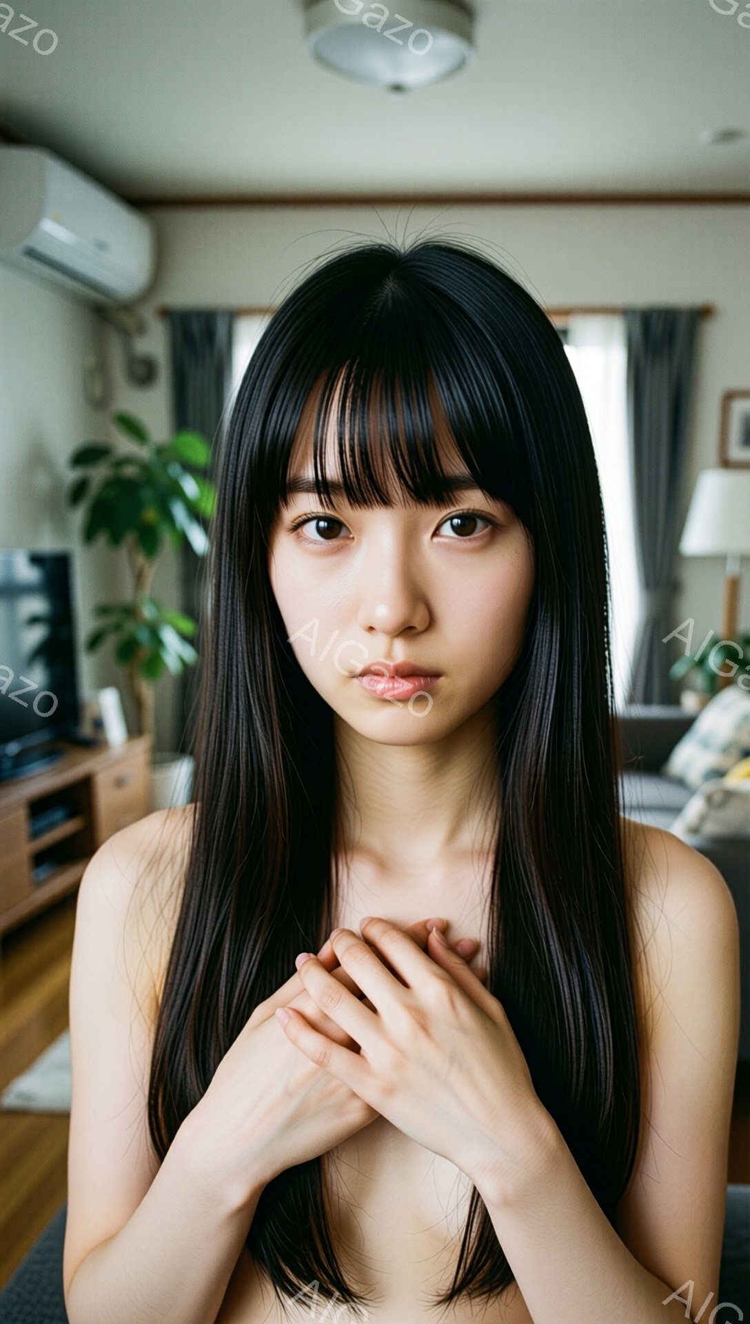 長い黒髪を肩まで伸ばした若い女性が、上半身を裸にして胸の前で両手を組んでいます。彼女は少し憂いを帯びた表情で、まっすぐカメラを見つめています。背景には木製のキャビネットや植物が見える、リビングルームの - AI生成フリー素材
