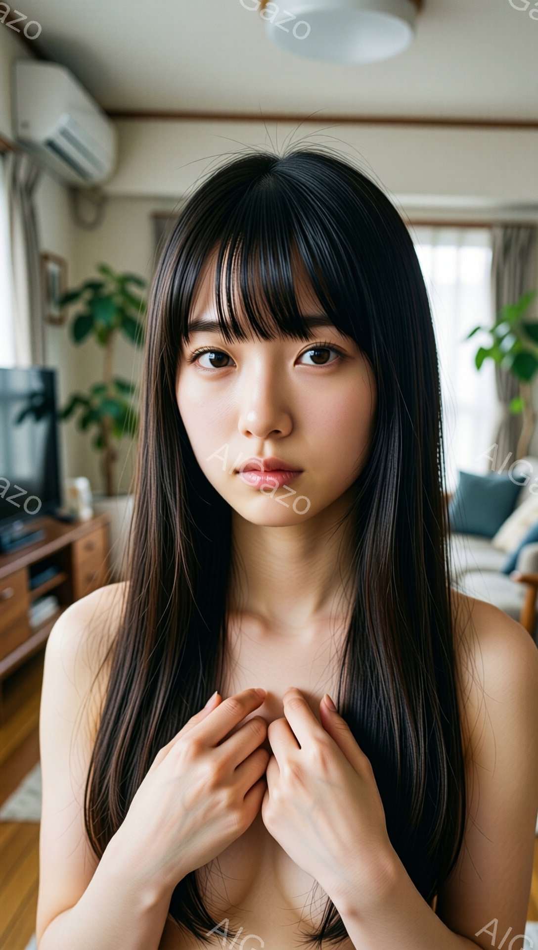 長い黒髪の女性が、上半身を少し露出した状態で、両手で胸元を抱きかかえています。彼女の表情は落ち着いており、視線はカメラにまっすぐ向けられています。背景はリビングルームで、木製の家具や植物、そして柔らかな自然光が差し込んでいます。