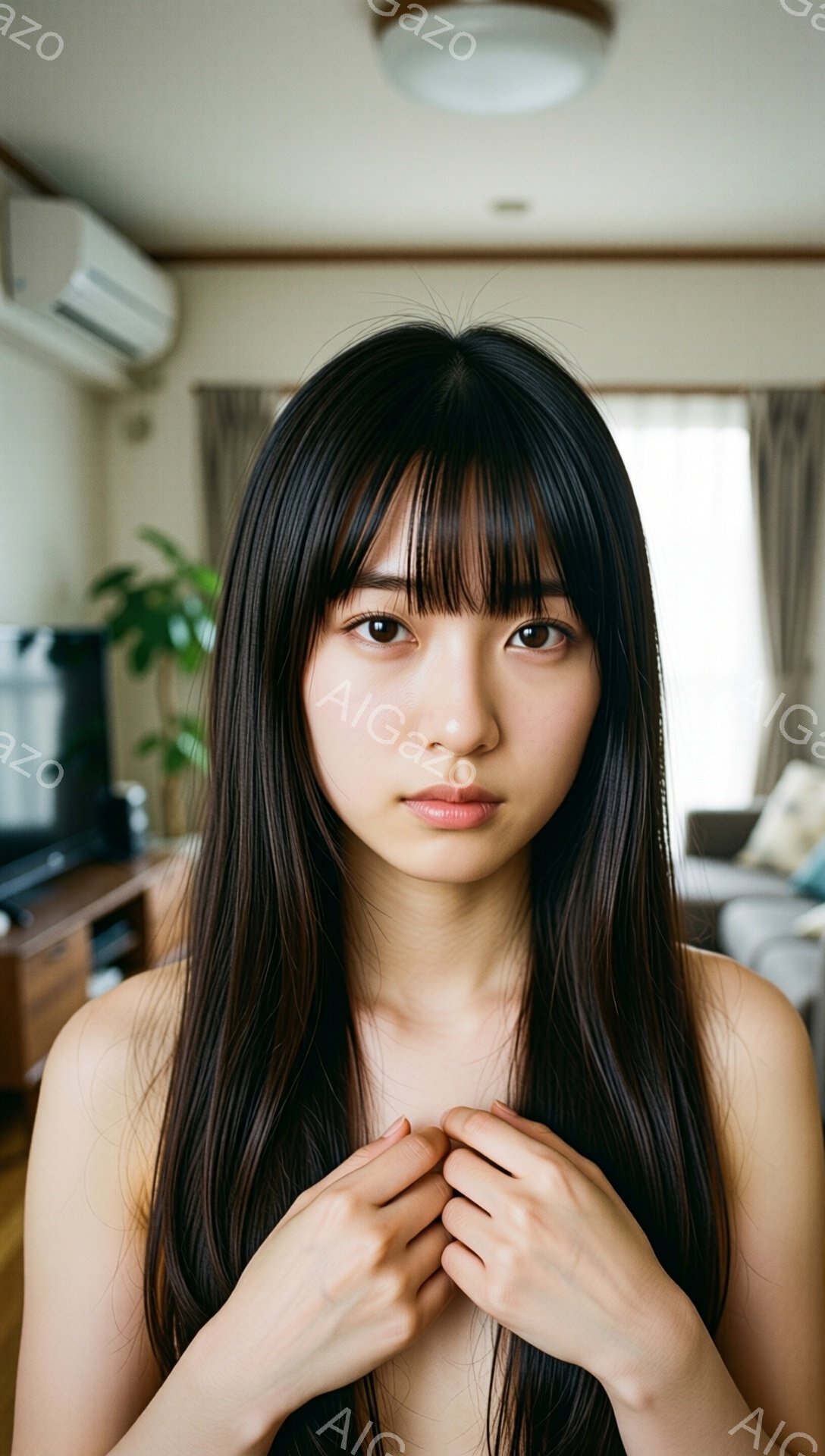 長い黒髪で、前髪が目の上まで届いています。女性は上半身裸で、両手を胸の前で組んでいます。背景には、木製のキャビネットとソファが見え、室内は明るく、暖かな雰囲気です。
