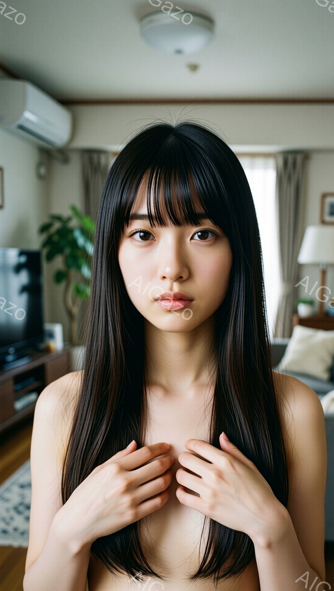 長い黒髪の女性が、上半身を少し露出した状態で、両手で胸元を抱えています。彼女はわずかに微笑んでおり、視線はカメラに直球です。背景はリビングルームで、テレビ、観葉植物、ソファなどが写っており、全体的に落ち着いた雰囲気です。