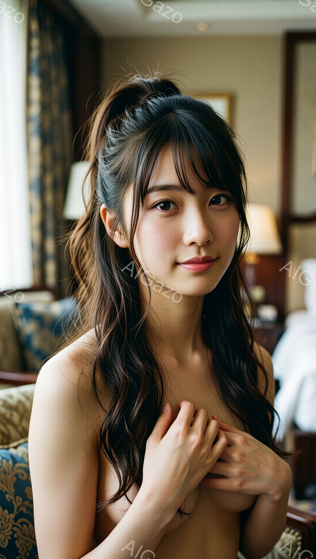 長い黒髪をハーフアップにした若い女性が写っています。彼女は上半身を露出しており、両手で胸元をそっと抱えています。背景には、豪華な模様のソファや間接照明が見え、ホテルの部屋のような落ち着いた雰囲気が漂っています。