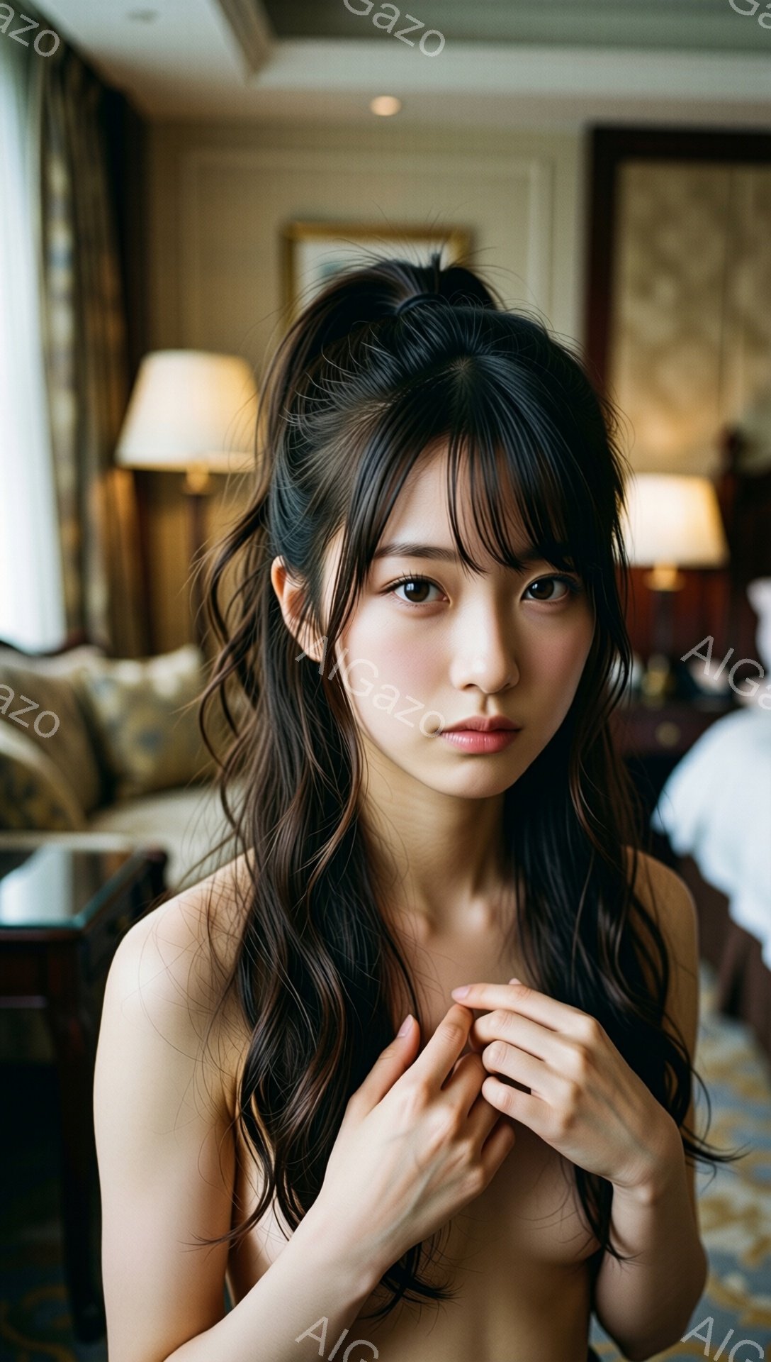 長い黒髪をサイドで編み込み、前髪を少し垂らした女性が描かれています。彼女は上半身に何も着ていませんが、両手を胸の前で重ねています。背景には、ベージュと茶色の落ち着いた色調の高級感のあるリビングルームが見え、暖色系の照明が暖かく照らしています。