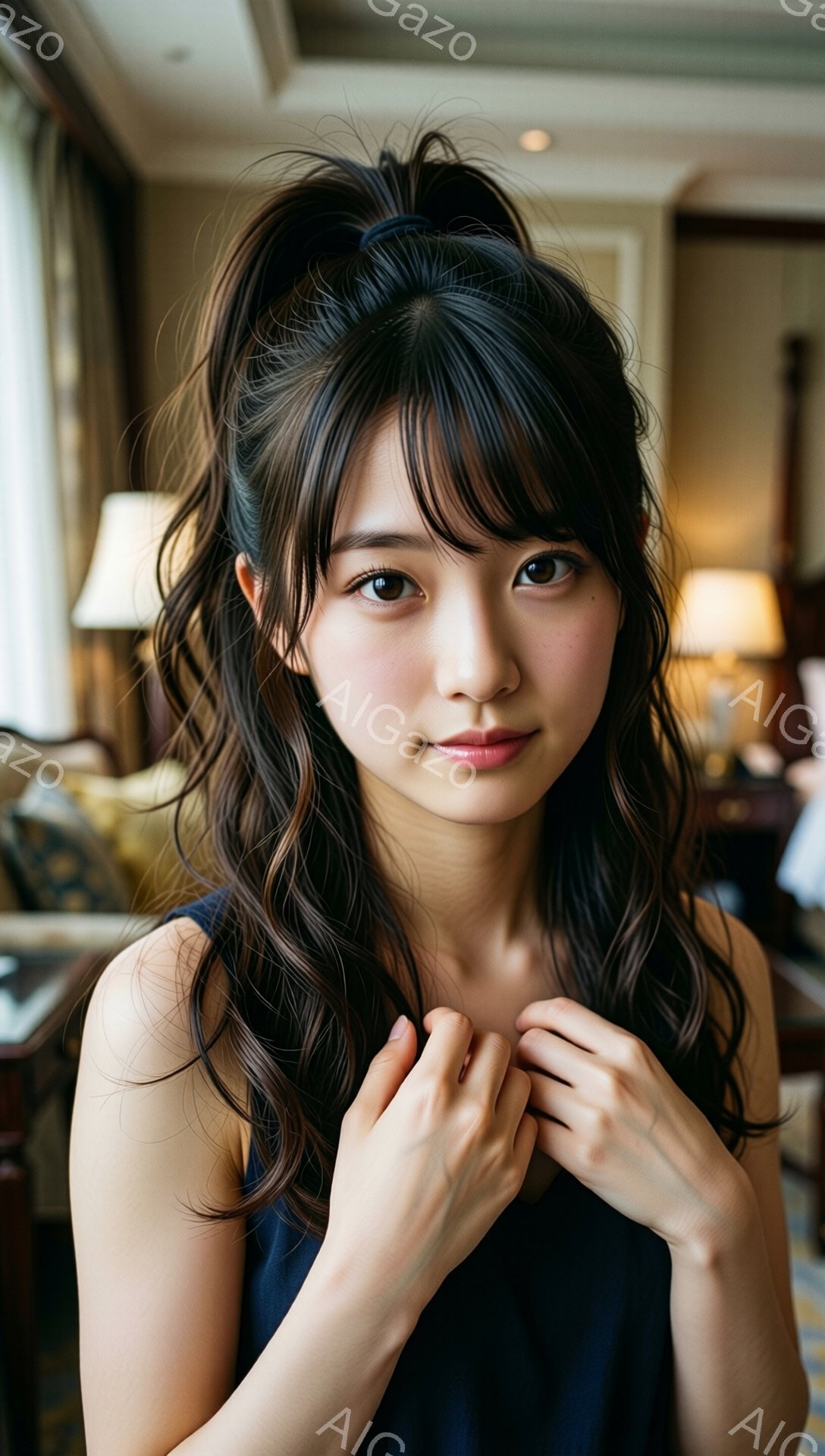 濃いブラウンの巻き髪をハーフアップにした若い女性が写っています。彼女は濃い色のノースリーブの服を着ており、わずかに微笑んでおり、両手を胸の前で組み合わせています。背景には、柔らかい光が差し込むリビングルームの一角が見え、ベージュとゴールドを基調とした落ち着いた雰囲気が漂っています。