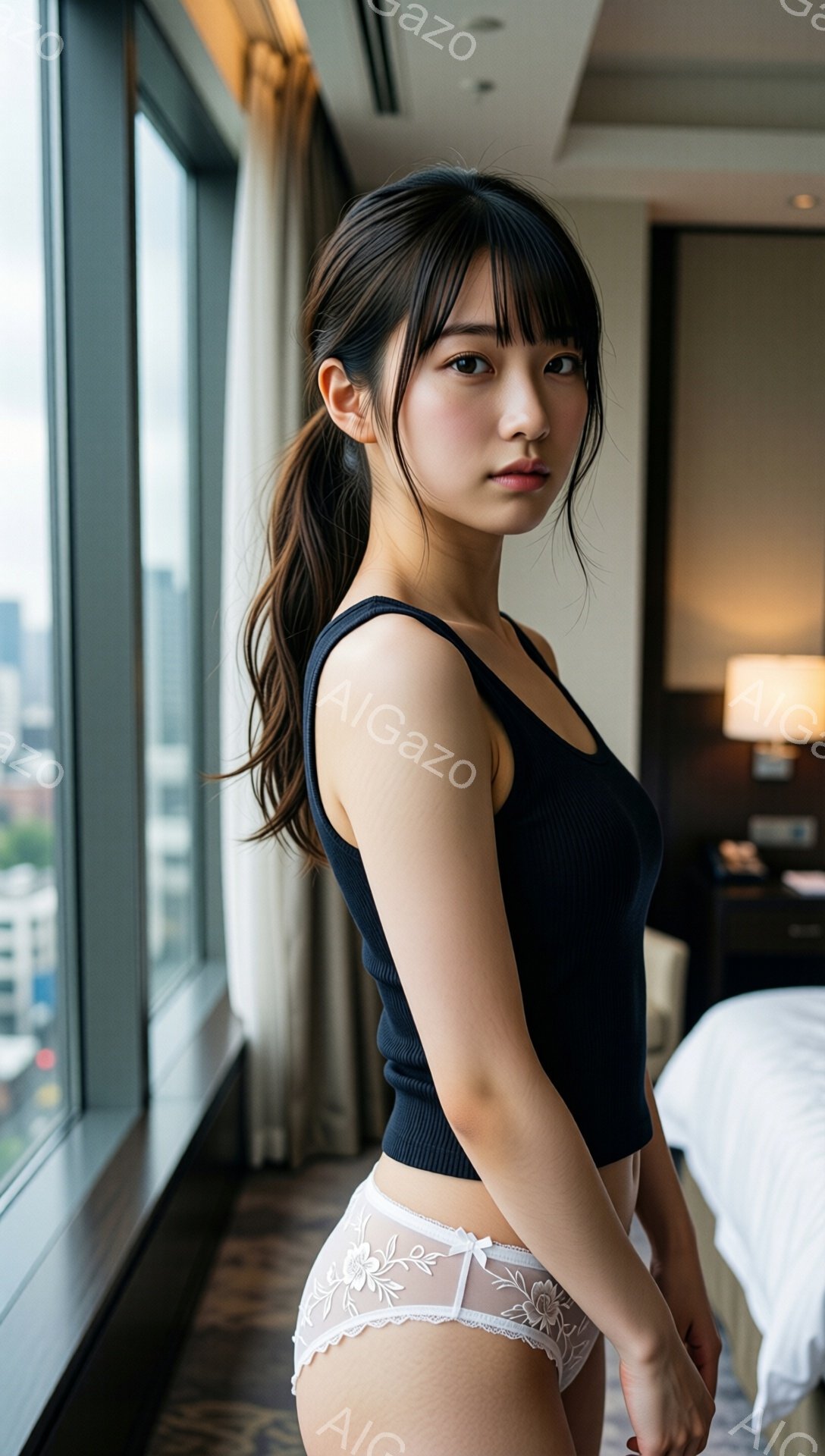 長い黒髪をポニーテールにした女性が、窓辺で少し振り返りこちらを見ている。黒いクロップド丈のトップスと白いレースのアンダーウェアを身に着け、スリムなシルエットを強調している。背景には高層ビルが見え、部屋の中は明るく、モダンな雰囲気である。