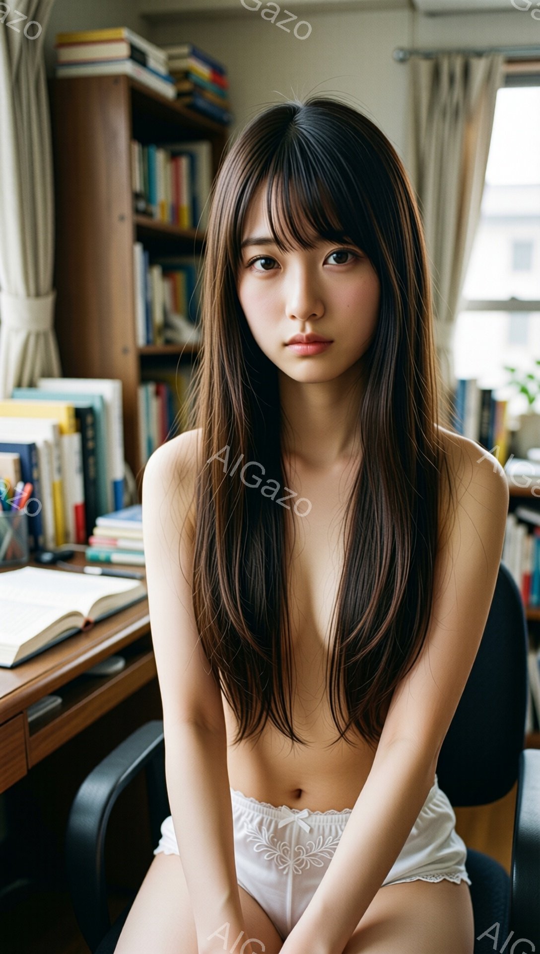 長い茶色の髪を持つ若い女性が、白いレースのブラとショーツ姿で椅子に座っています。彼女は正面を見据え、わずかに微笑み、リラックスした表情をしています。背景には本棚と机があり、部屋は明るく照らされています - AI生成フリー素材