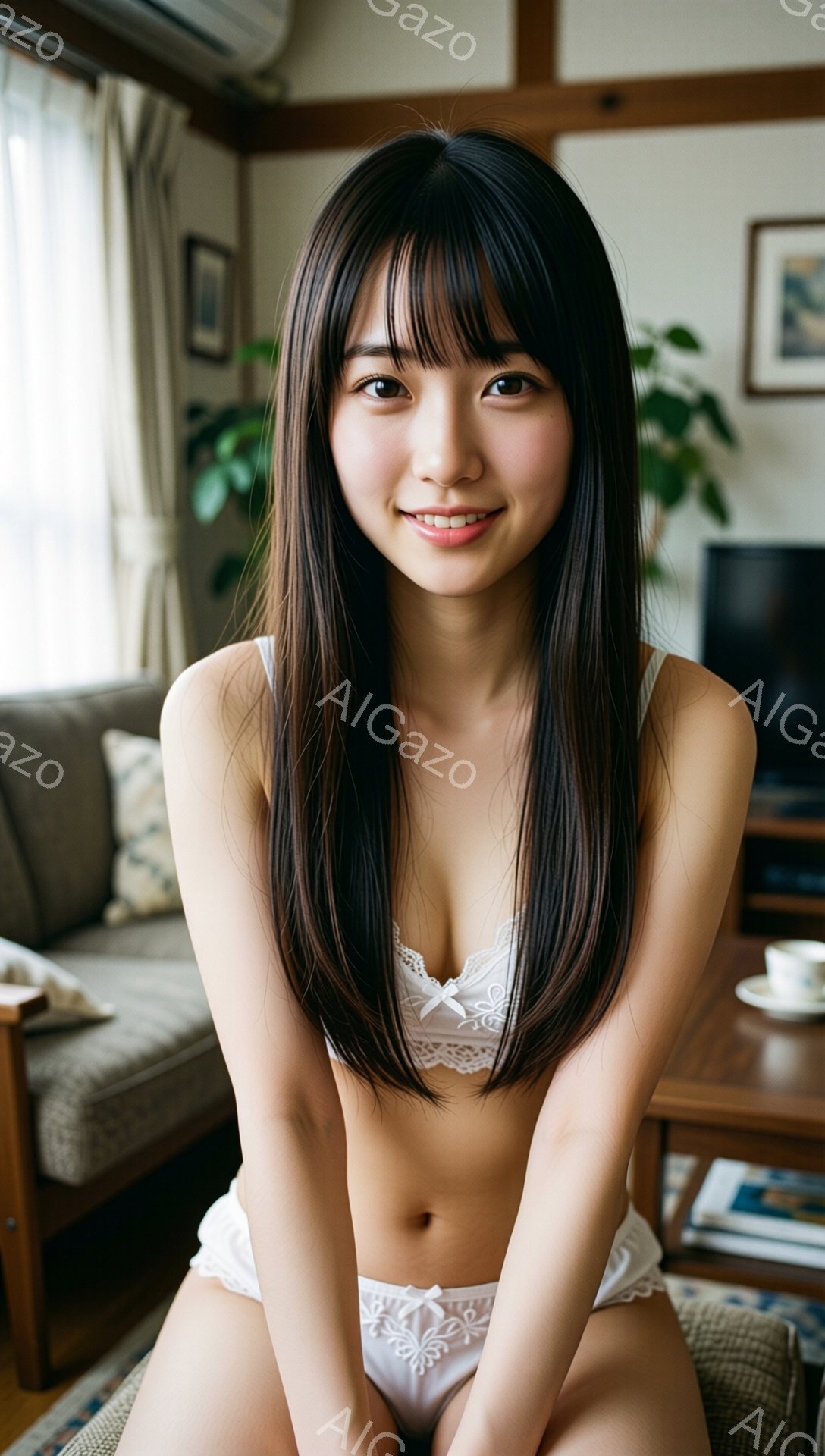 長い黒髪をセンターパートにした若い女性が、白いレースのブラとショーツ姿で正面を向いています。彼女は微笑んでおり、リラックスした姿勢で椅子に座っています。背景には、ソファ、テーブル、植物などがあり、明る - AI生成フリー素材