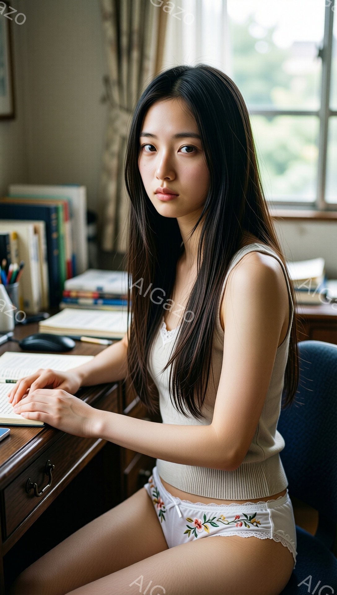 長い黒髪をなびかせた若い女性が、木製の机の前でペンを持っている。オフホワイトのニットトップスと、花柄の刺繍が施された白いパンツを身につけている。背景には本棚やパソコン、窓から見える緑があり、落ち着いた雰囲気の書斎のようだ。