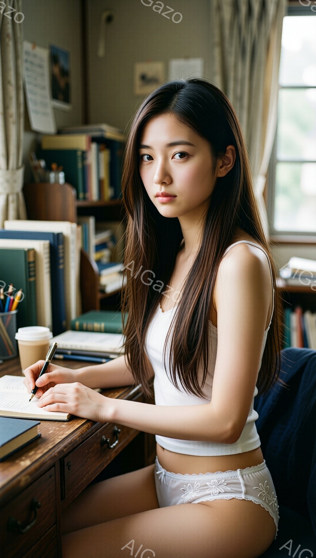長い茶色の髪をなびかせ、白いタンクトップとレースのブリーフを身につけた女性が描かれている。彼女は木製の机に向かい、ペンを手にノートに何かを書き込んでいる。背景には本棚や鉛筆、コーヒーカップが見え、室内には落ち着いた雰囲気が漂っている。